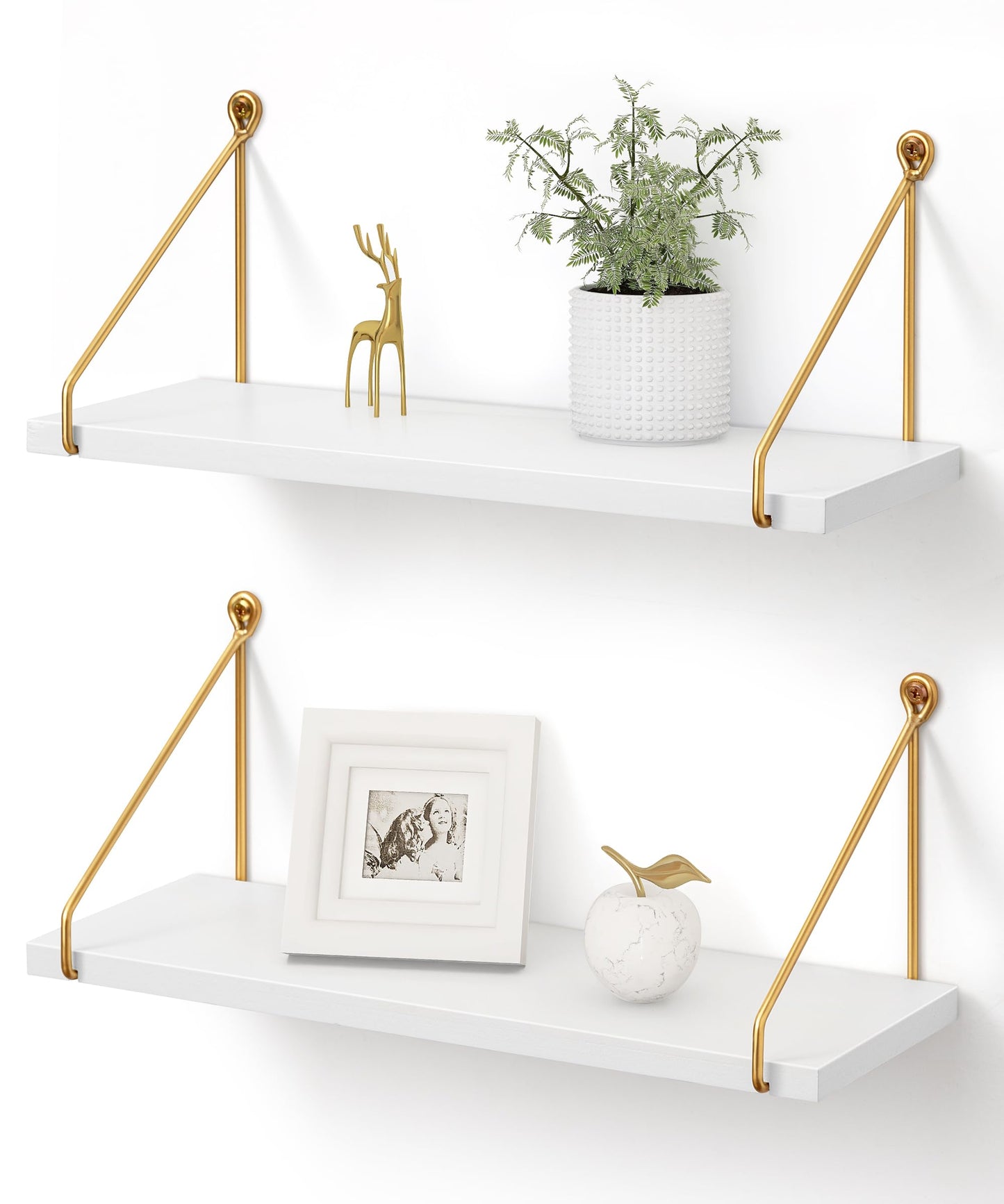 Afuly Floating Shelves Wall Mounted, Modern White Gold Wall Shelf, Wall Hanging Storage for Bathroom Kitchen Bedroom, Wood Metal Chic Wall Bookshelf, Set of 2