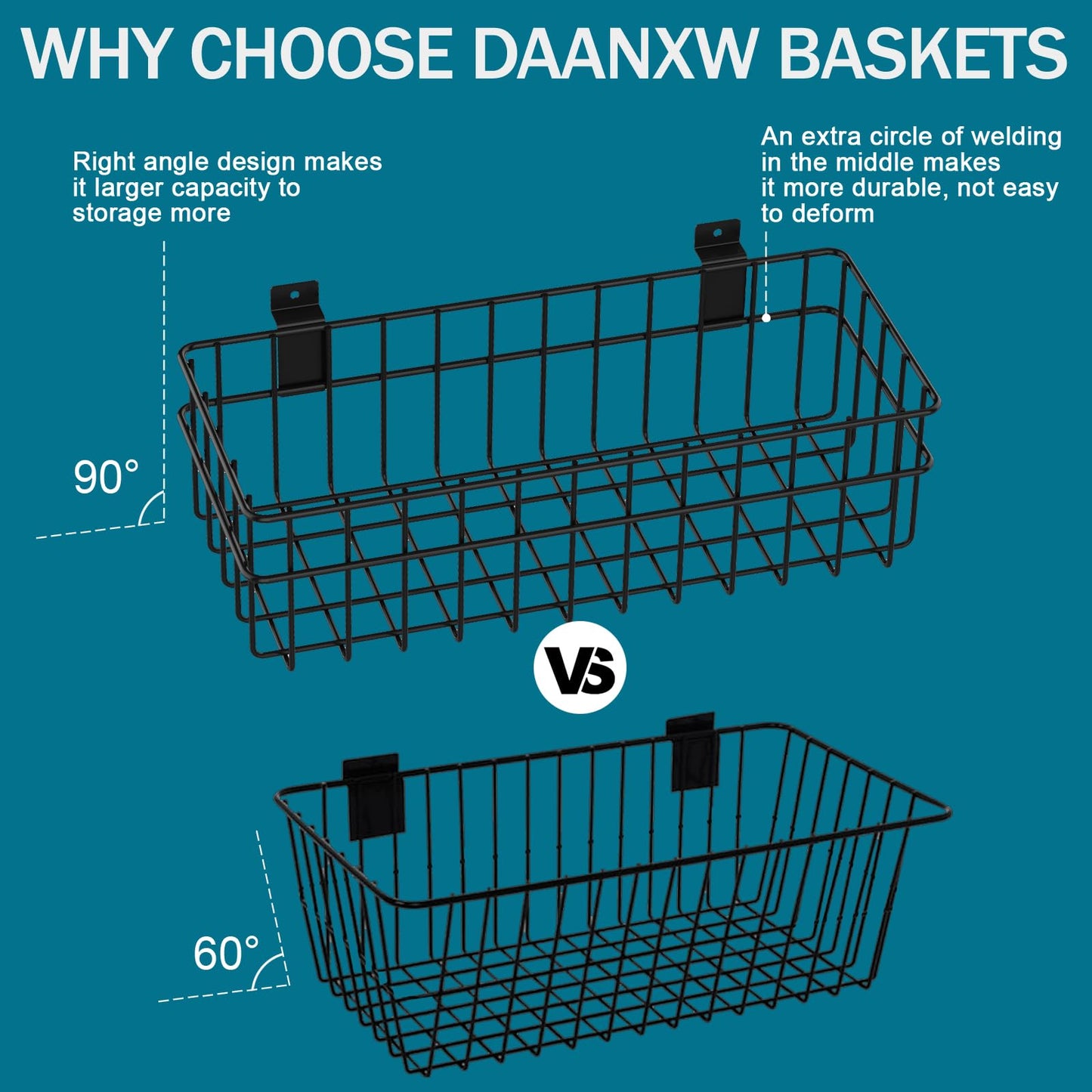 DAANXW 4 Pack Large Slatwall Baskets Set, Ventilated Metal Hanging Storage Slat Wall Basket, Mounted Slatwall Accessories for Garage Storage Organizing Display on Slatwall Panels bins (Black)