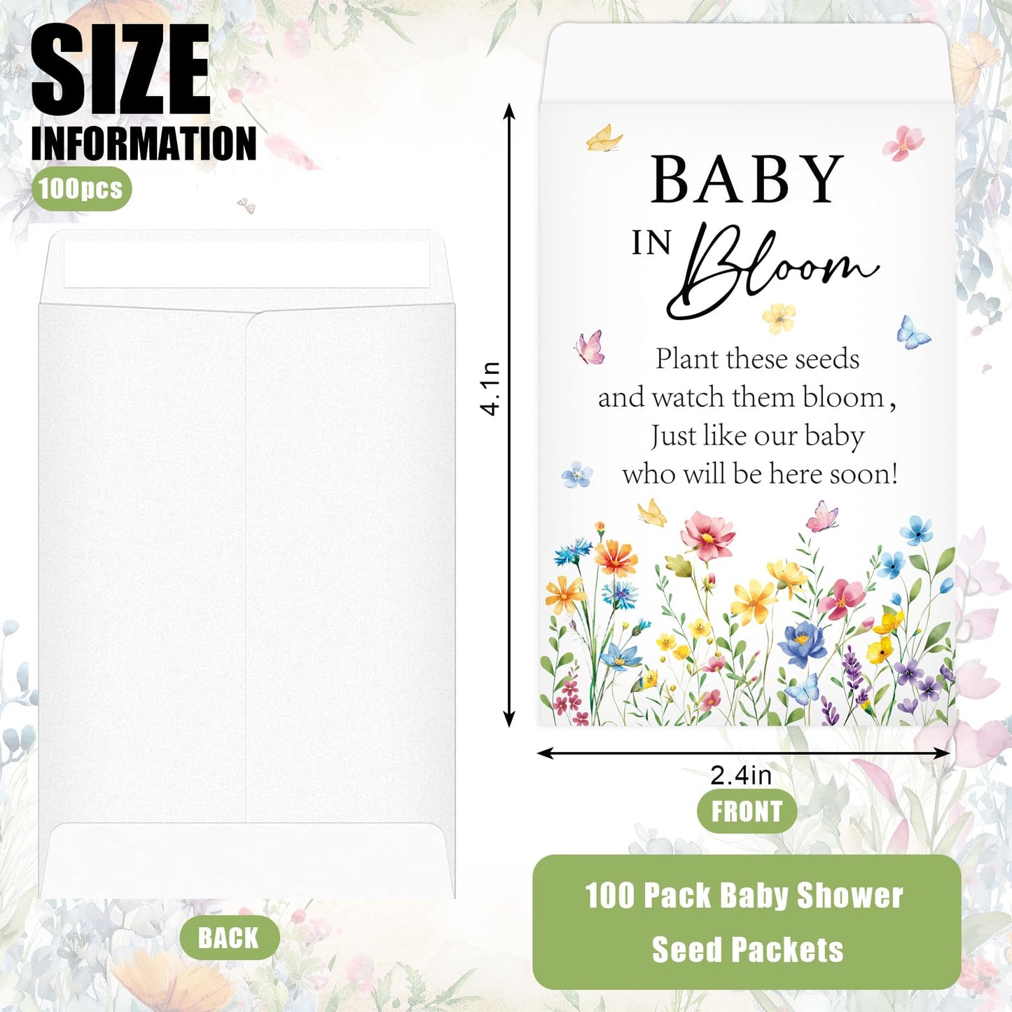 JarThenaAMCS 100Pcs Baby in Bloom Seed Packets Wildflower Baby Shower Party Favors for Guests Flower Self-Adhesive Envelopes Floral Seed Storage Pockets for Gender Reveal Party Supplies