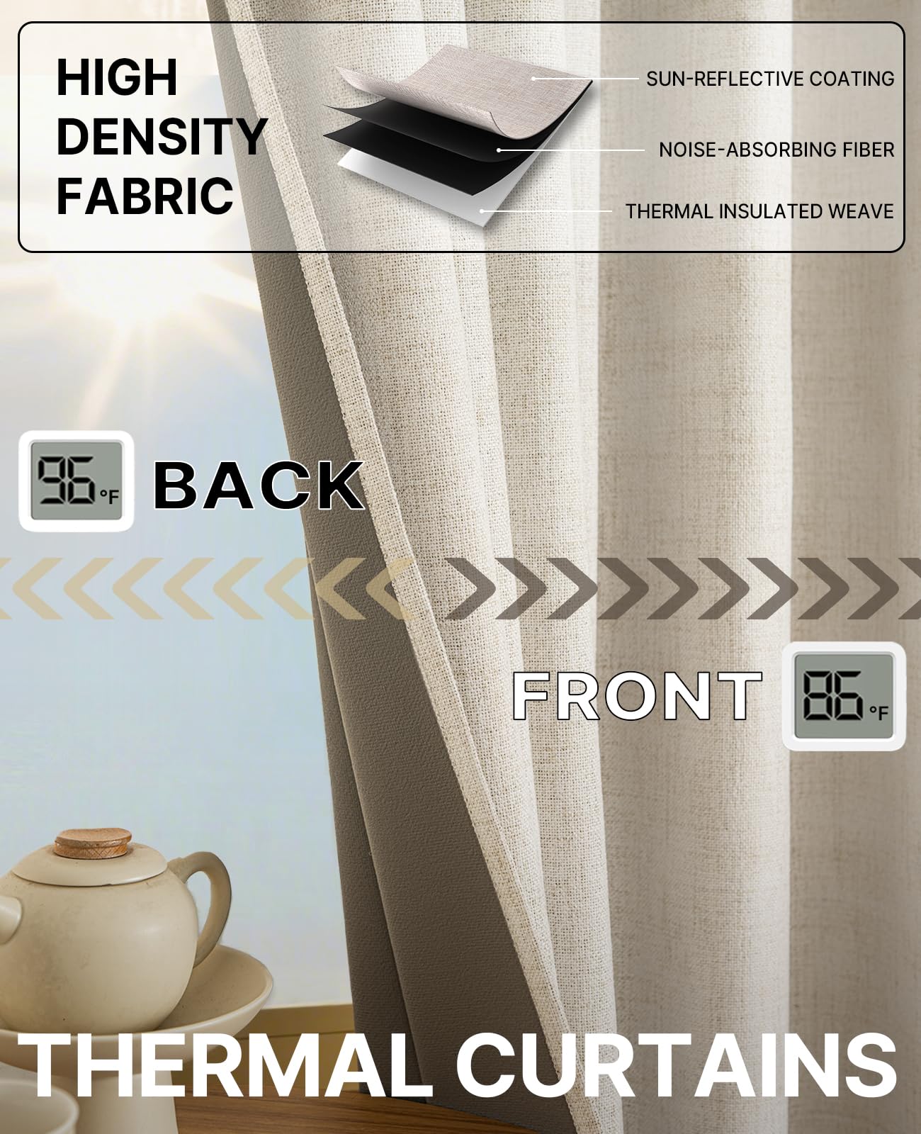 Gleantdeco 100% Blackout Bedroom Curtains-Thermal Insulated Room Darkening Window Drapes, 84" (7ft) 2 Panels, Natural Linen Blend Fabric with Boho Farmhouse Drapes with Back Tab Rod Pocket, Cream