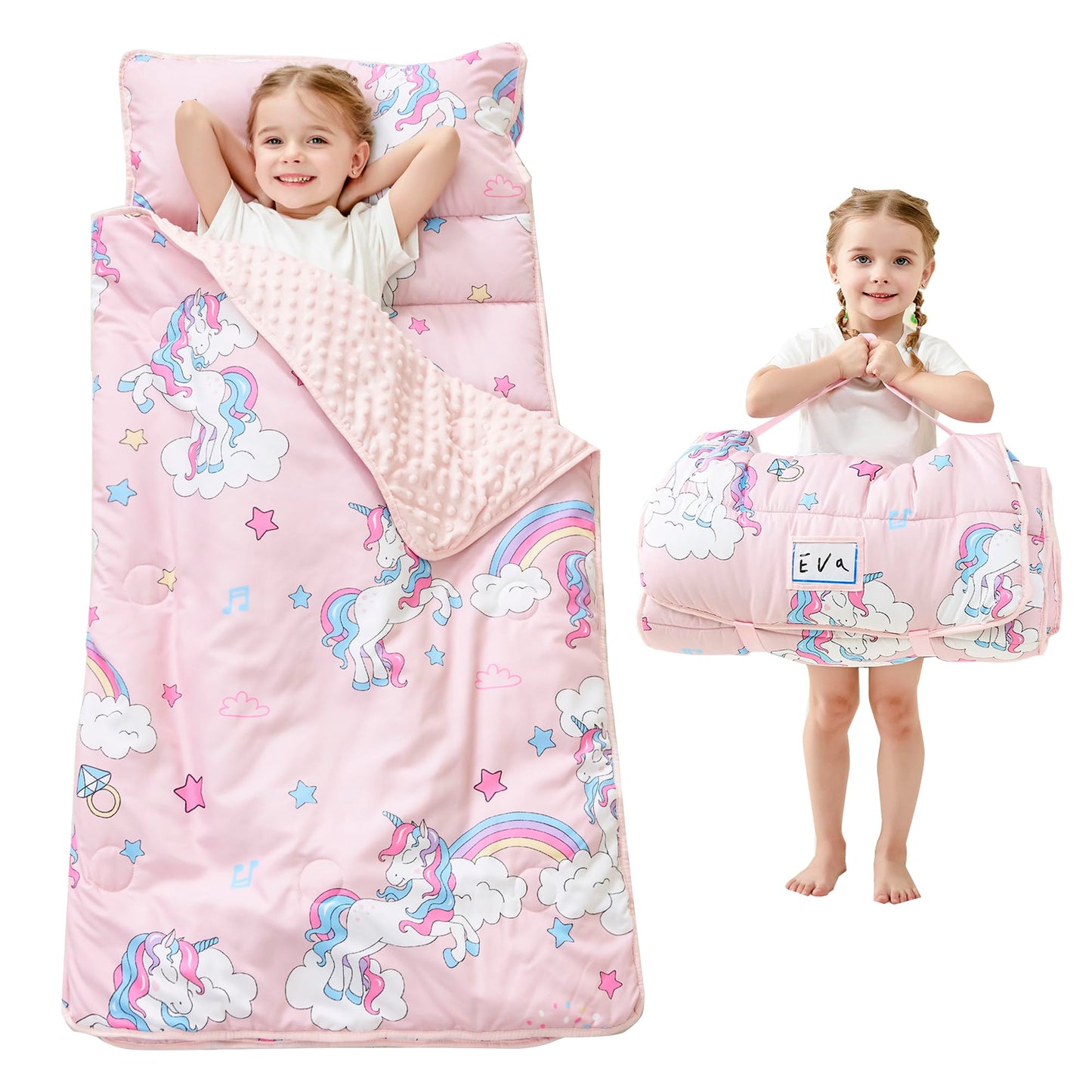Lasoftan Toddler Nap Mat with Pillow and Blanket, Extra Large Rolled Napping Mats,Slumber Bags for Boys Girls,Kids Sleeping Bag for Daycare, Preschool Travel Camping, Unicorn