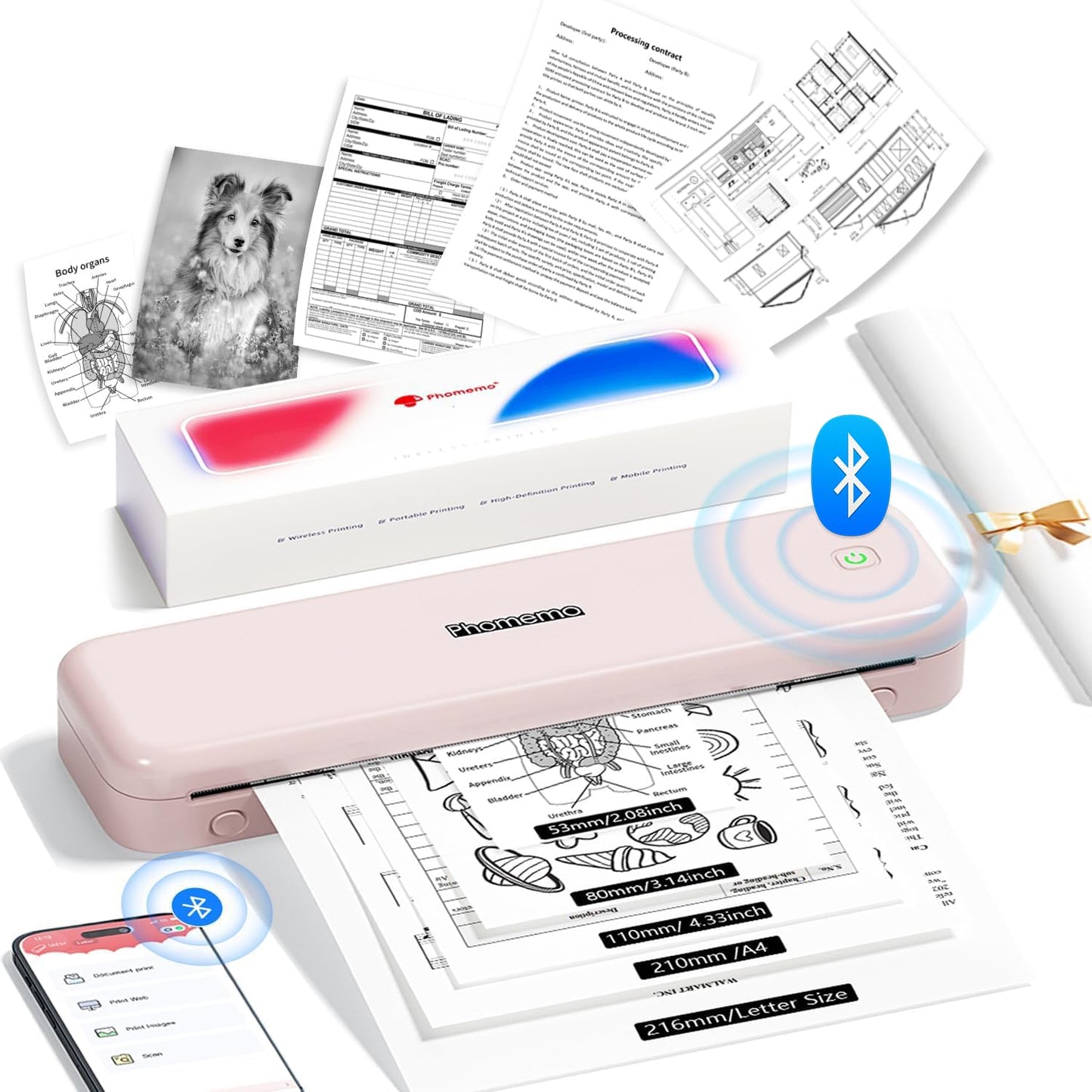 Phomemo M834 Portable Printer Wireless for Travel, Support Multi-Size Thermal Paper,Bluetooth Thermal Printer Compatible with Phone&Laptops,Inkless Printer for Home Use,Office,Pink