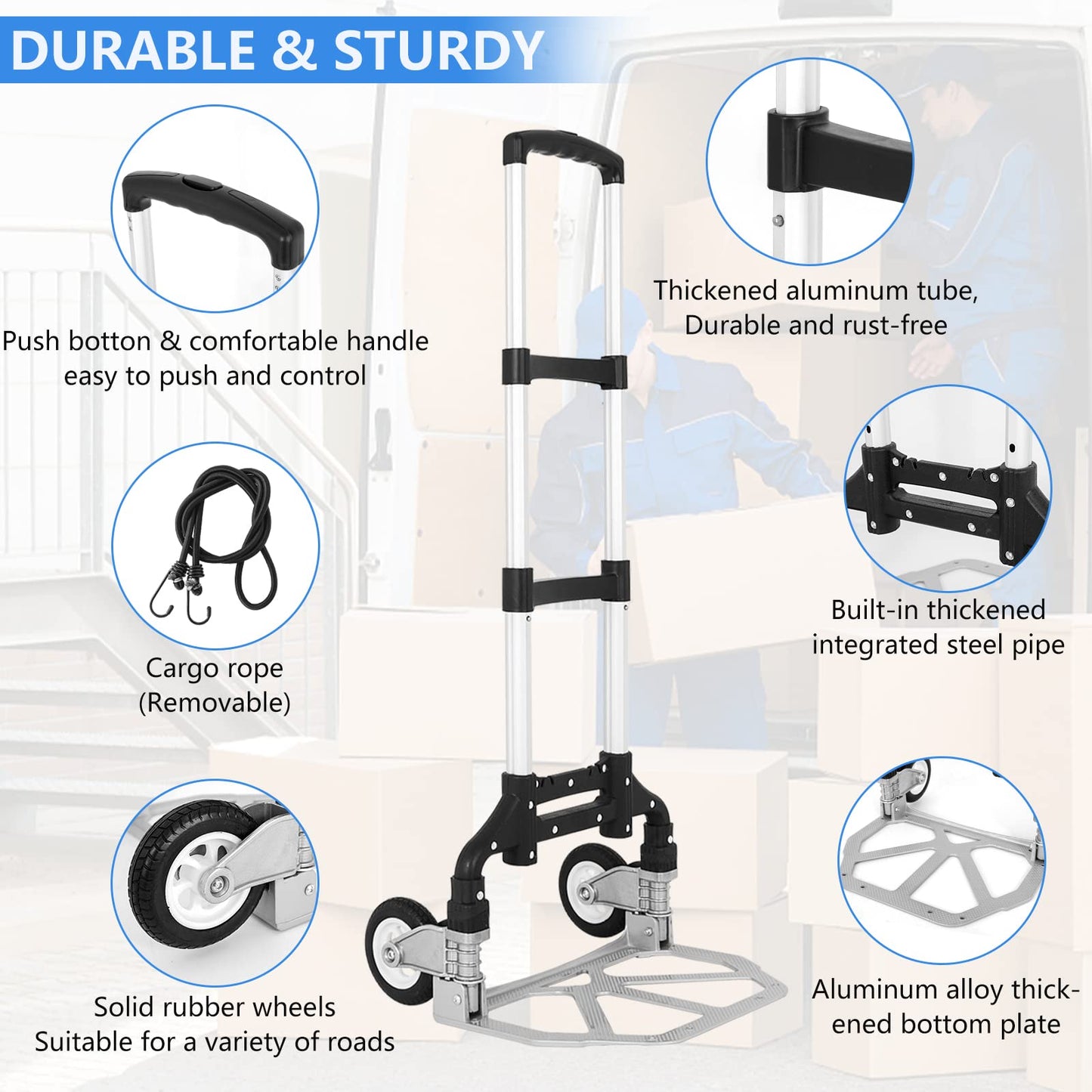 AKOZLIN Hand Truck Folding Portable 180lbs Capacity Aluminum Alloy Plate Luggage Cart Foldable Height Adjustable Hand Cart with 2 Wheels/Fixed Rope for Home, Auto, Office,Travel Use