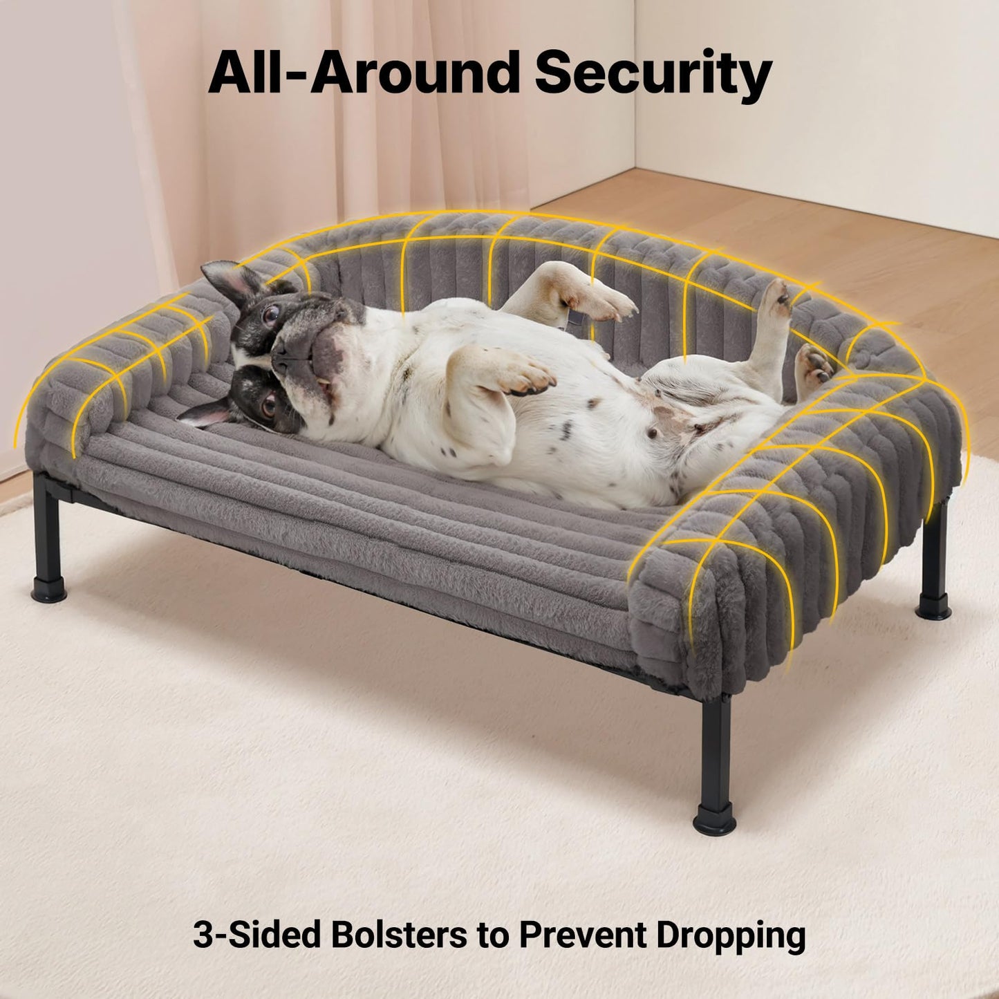 Veehoo Orthopedic Elevated Dog Bed with Bolster Cushion, Fluffy Plush Dog Couch Beds for Small Dogs, Cats, Washable Cozy Raised Pet Cot with Non-Slip Feet for Indoor or Patios Use, Gray, 24×18 Inches