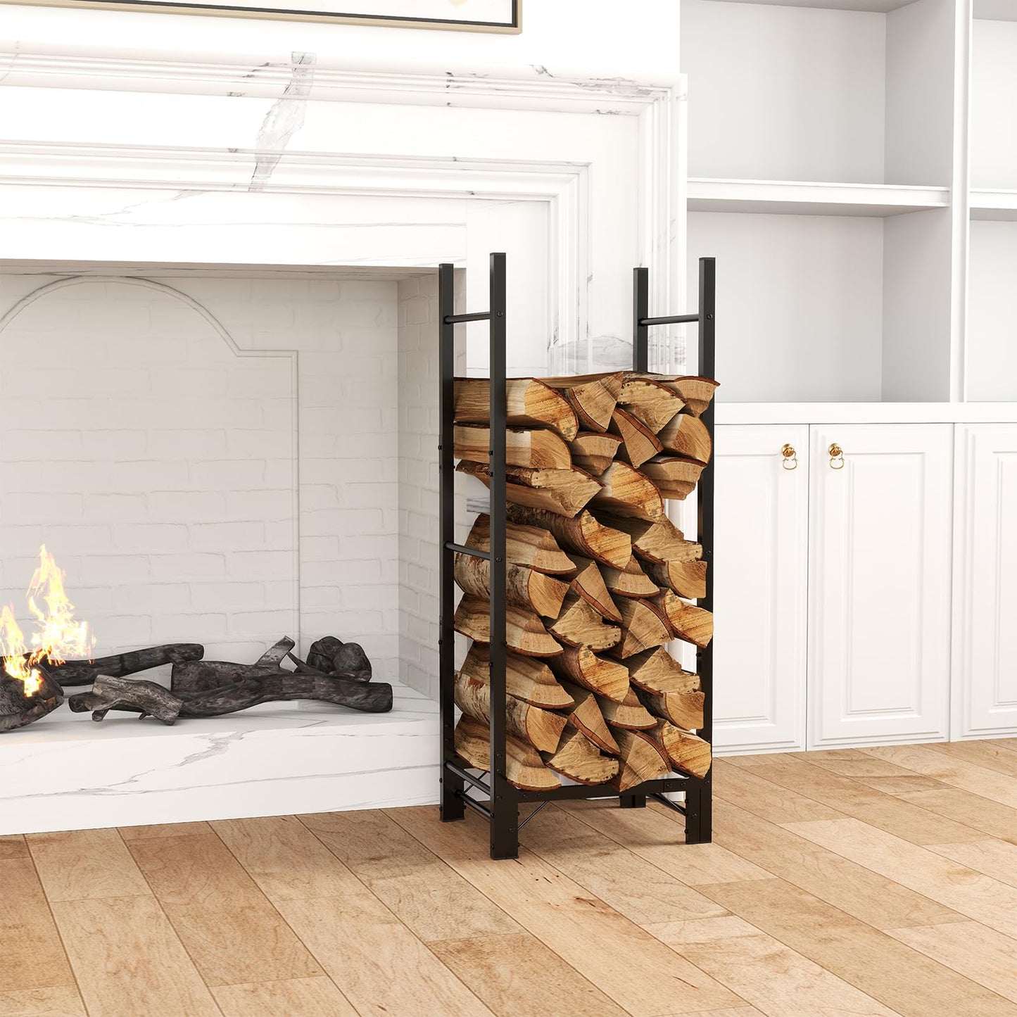 Helios&Hestia 4Ft Outdoor Firewood Rack for Fireplace, Heavy Duty Steel Log Holder, Indoor Wood Pile Storage Organizer, Adjustable Stacker Stand, Black