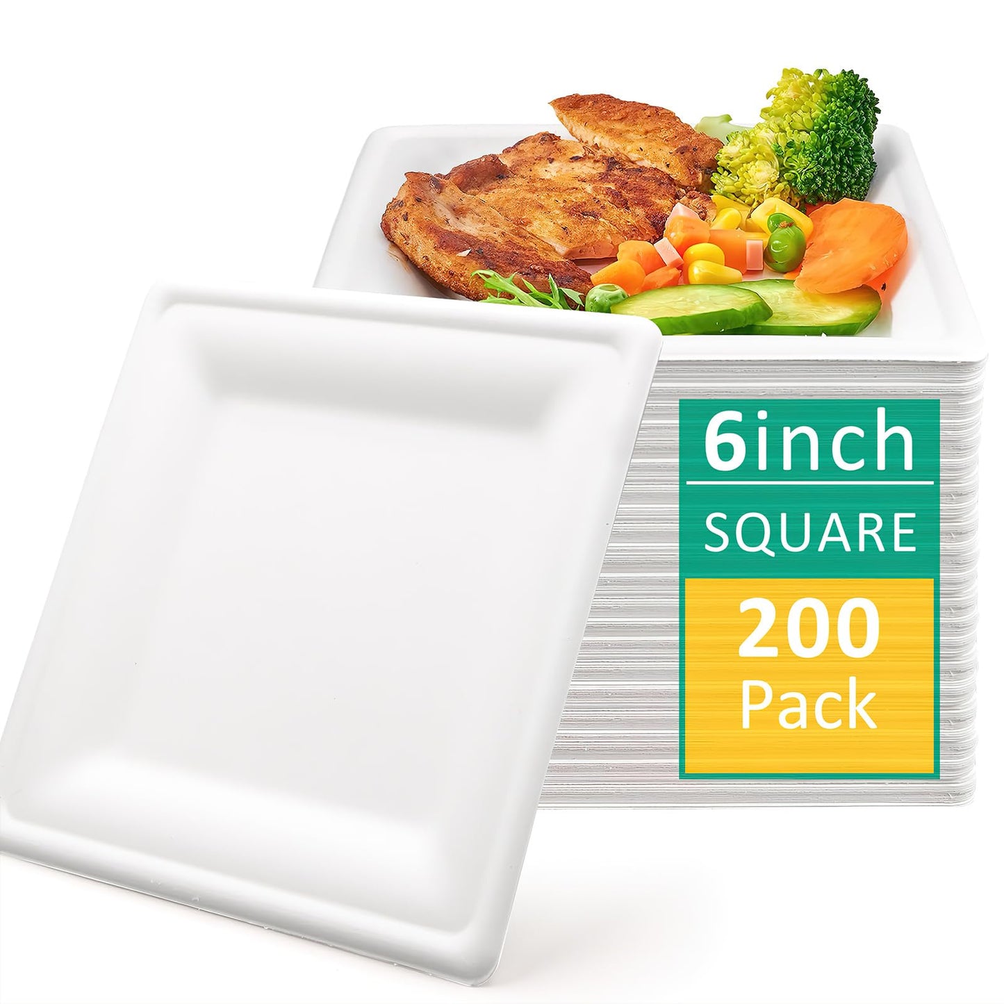 200 pcs Biodegradable Disposable Paper Plates, White 6 inch Square Paper Plate Heavy Duty, Eco Friendly Disposable Plates, Compostable Disposable Dinner Plates for Party, Picnic