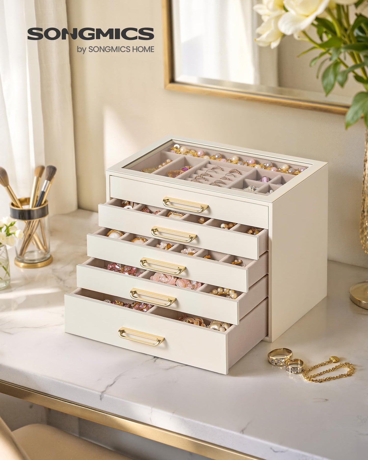 SONGMICS 5-Layer Jewelry Box with Glass Window, Jewelry Storage Organizer with 5 Drawers, Golden Handles, for Rings, Earrings, Bracelets, Gift Idea, Cream White, 6.8 x 9.4 x 7.2 Inches UJBC205WD01S
