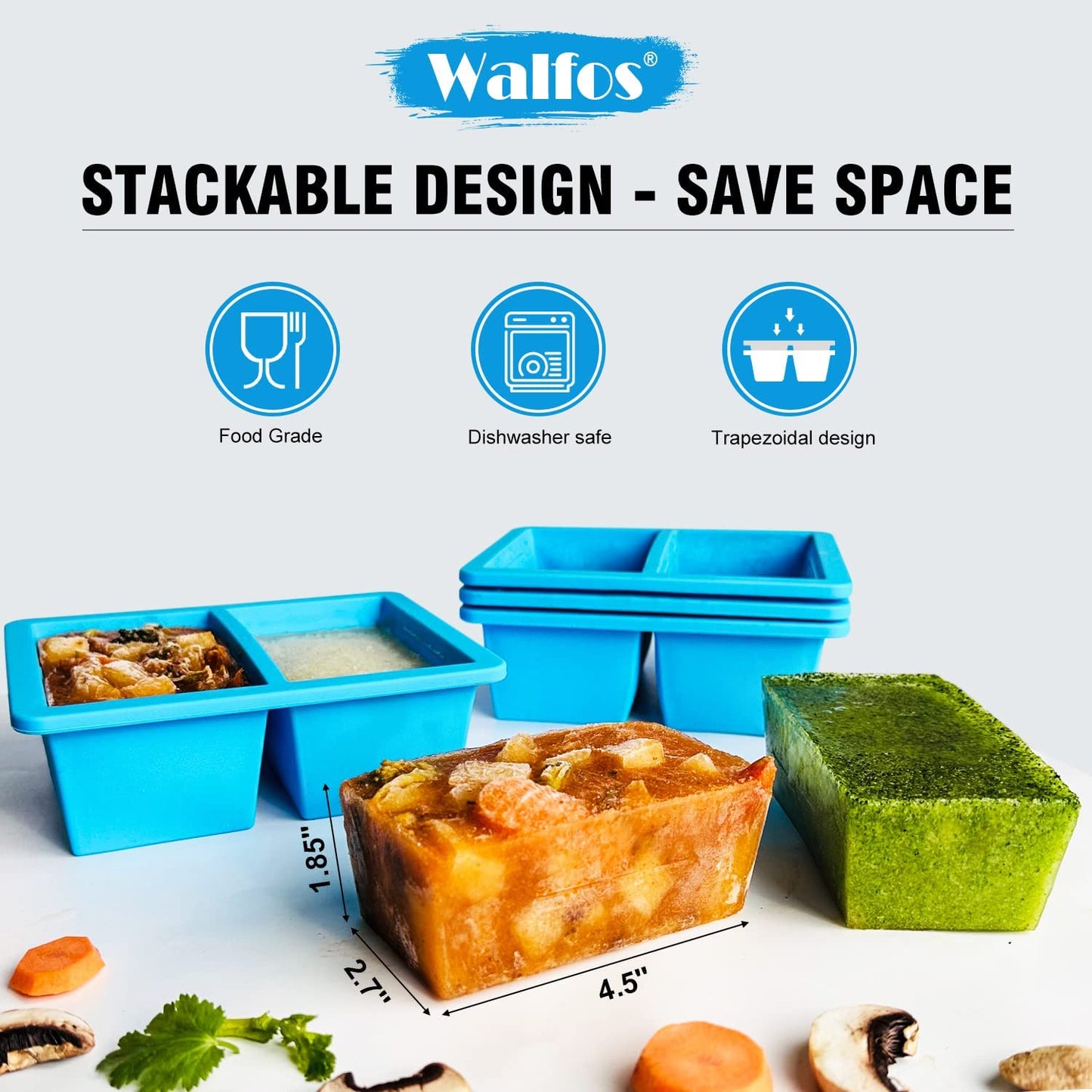 Walfos Silicone Soup Freezer Containers with Lid, Extra-Large 1-Cup Soup Freezer Tray for Soup, Silicone Soup Freezing Tray for Storing and Freezing Soup, Sauce, Broth & Ice, 4 Pieces
