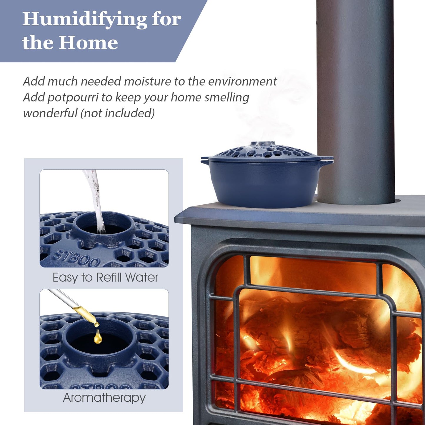 STBoo Wood Stove Steamer - Cast Iron Fireplace Humidifier | Indoor Pot for Home Heating | Bowl Fire Place Stove Covers Accessories Decorative | Matte Finish & Rust Resistan & 2.7 Quart, Blue