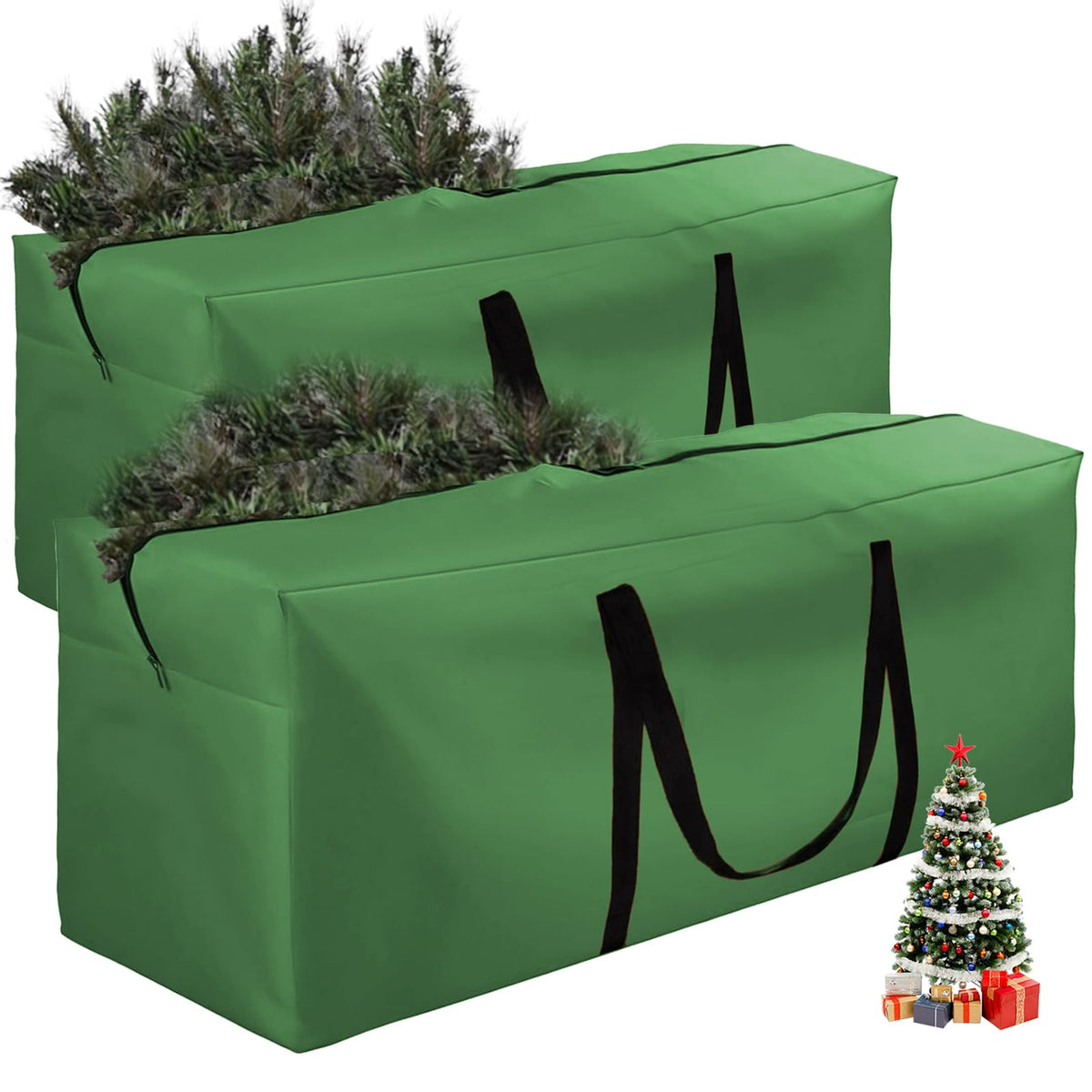 Christmas Tree Storage Bag Fits 9-12 Ft Tall Artificial Xmas Trees, 420D Oxford Heavy-Duty Waterproof Storage Bags, 68" L X 30" W X 20" Extra Large Xmas Tree Bag with Handles & Zipper (Green,2 Pack)