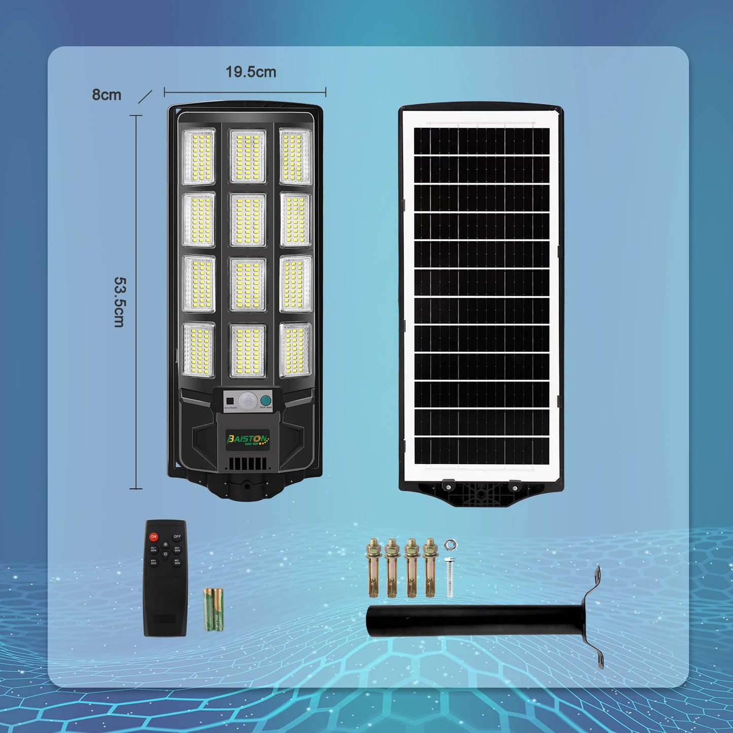 Baiston Solar Street Lights Outdoor: Dusk to Dawn Solar Parking Lot Lights with 3 Modes Motion Sensor Remote Control, 6500K 360 Leds Commercial Solar Lights for Outside, Backyard, Garage, Garden,1Pack