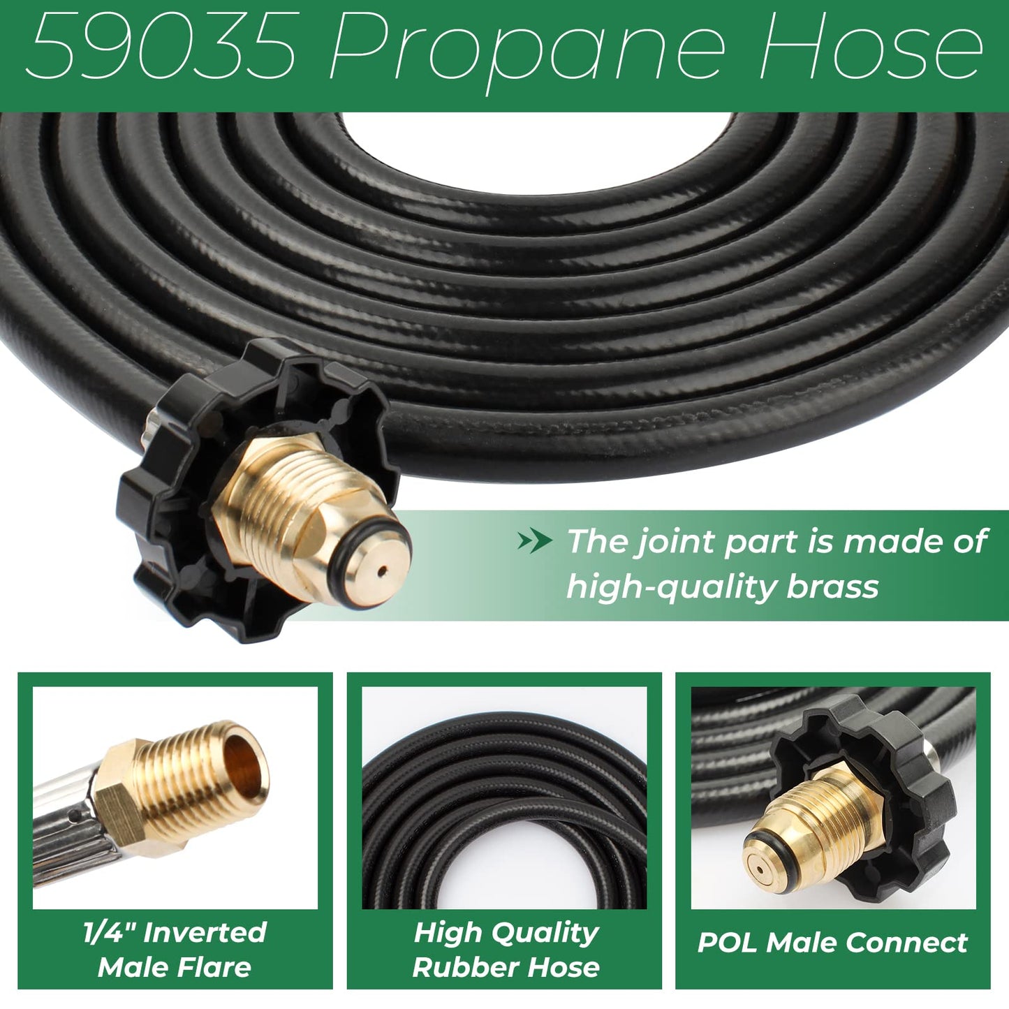 12ft RV Propane Hose with POL x 1/4" Inverted Male Flare, Rubber Camper Gas Tank Line Connect to 20lb or 30lb Tank, Replacement 59035 Propane Supply Hose