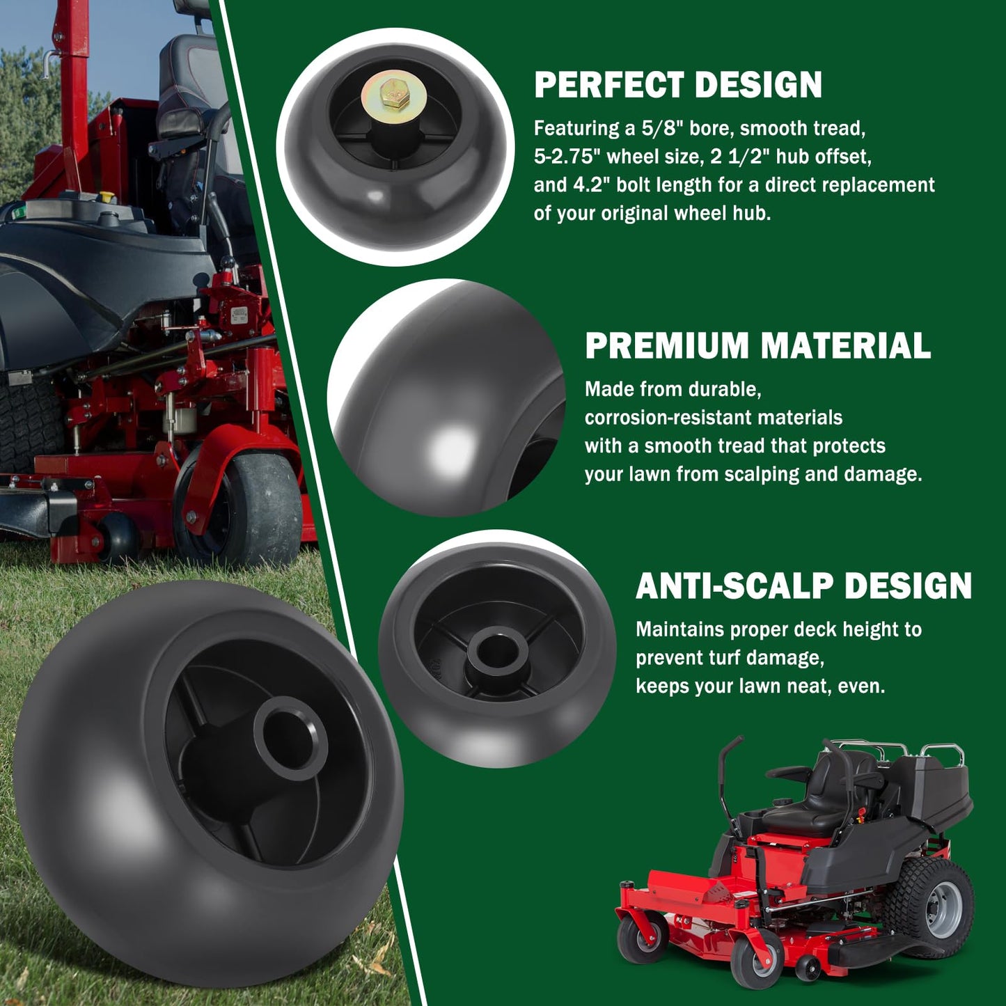 CheeMuii 4 Pack Anti Scalp Mower Deck Wheel Kit 5/8" Bore Lawn Mower Deck Wheels Replace for Bad Boy 022-5234-98 Replace for Exmark 103-4051 103-7263 Etc