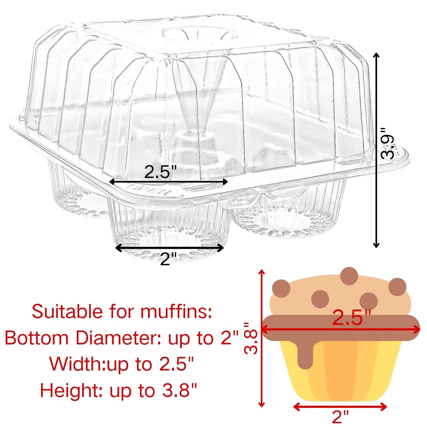 Coloch 50 Pack 4-Cavity Clear Cupcake Container, 4 Compartment Plastic Cupcake Holder with Connected Lid, Deep Dome Muffin Container, Stackable Carrying Box for Cupcakes, Wedding, Party Gift Packaging