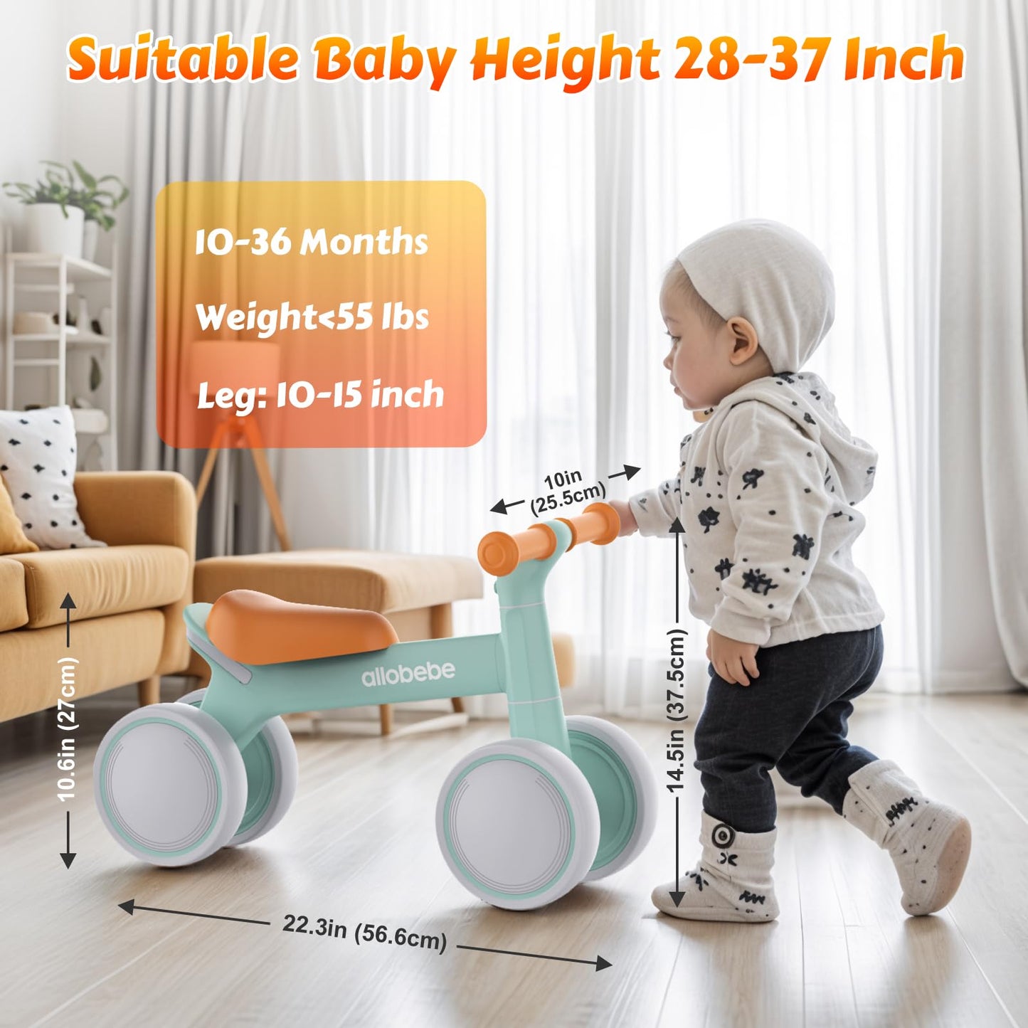allobebe Baby Balance Bike for 1 Year Old, Toddler Bike for 12-36 Months, 4 Silence Wheels & Soft Seat, Toddler Bicycle Toy, 1 Year Old Girl Birthday Gift