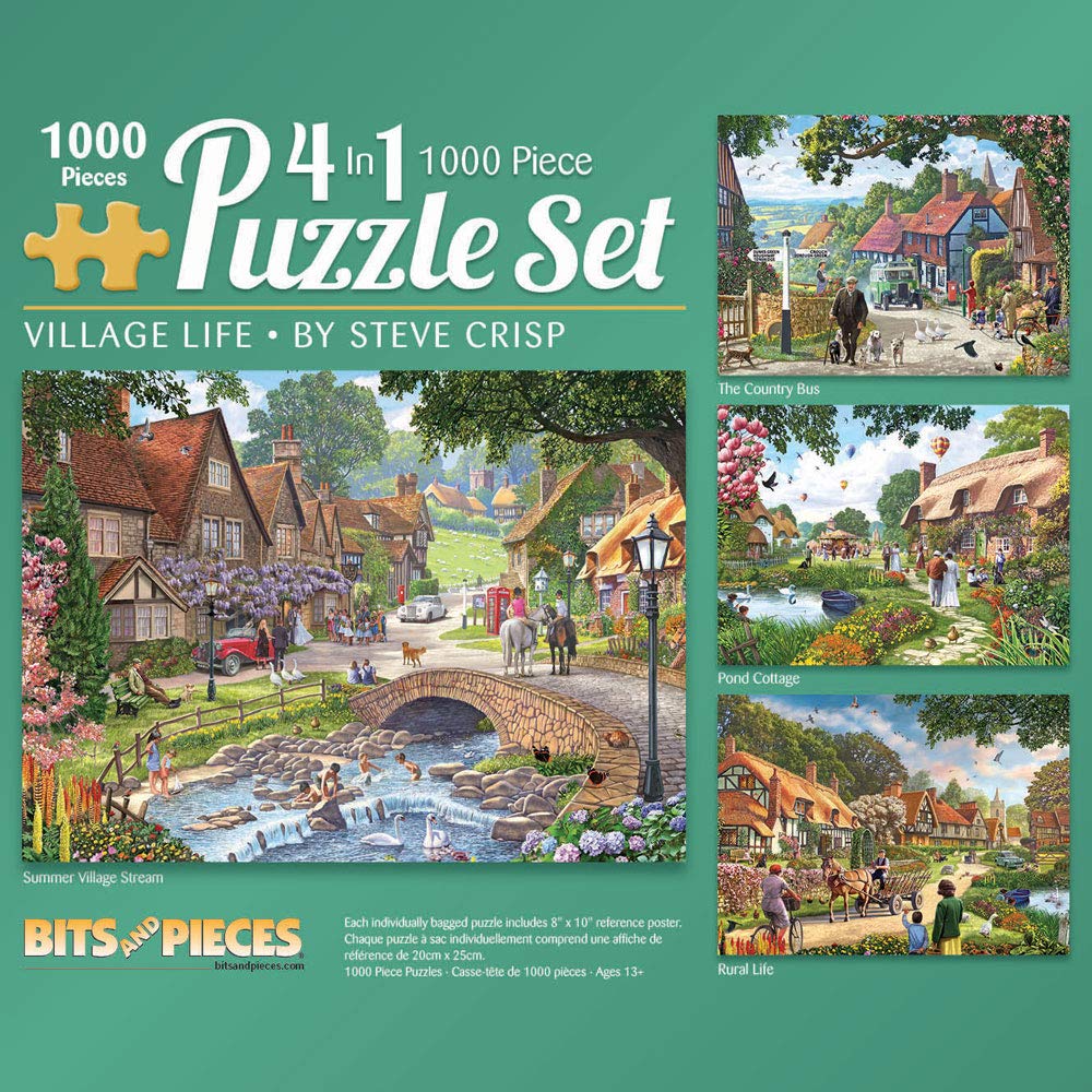 Bits and Pieces - 4-in-1 Multi-Pack - 1000 Piece Jigsaw Puzzles for Adults-Each Measures 20" x 27" (51cm x 69cm)-Village Life by Artist Steve Crisp