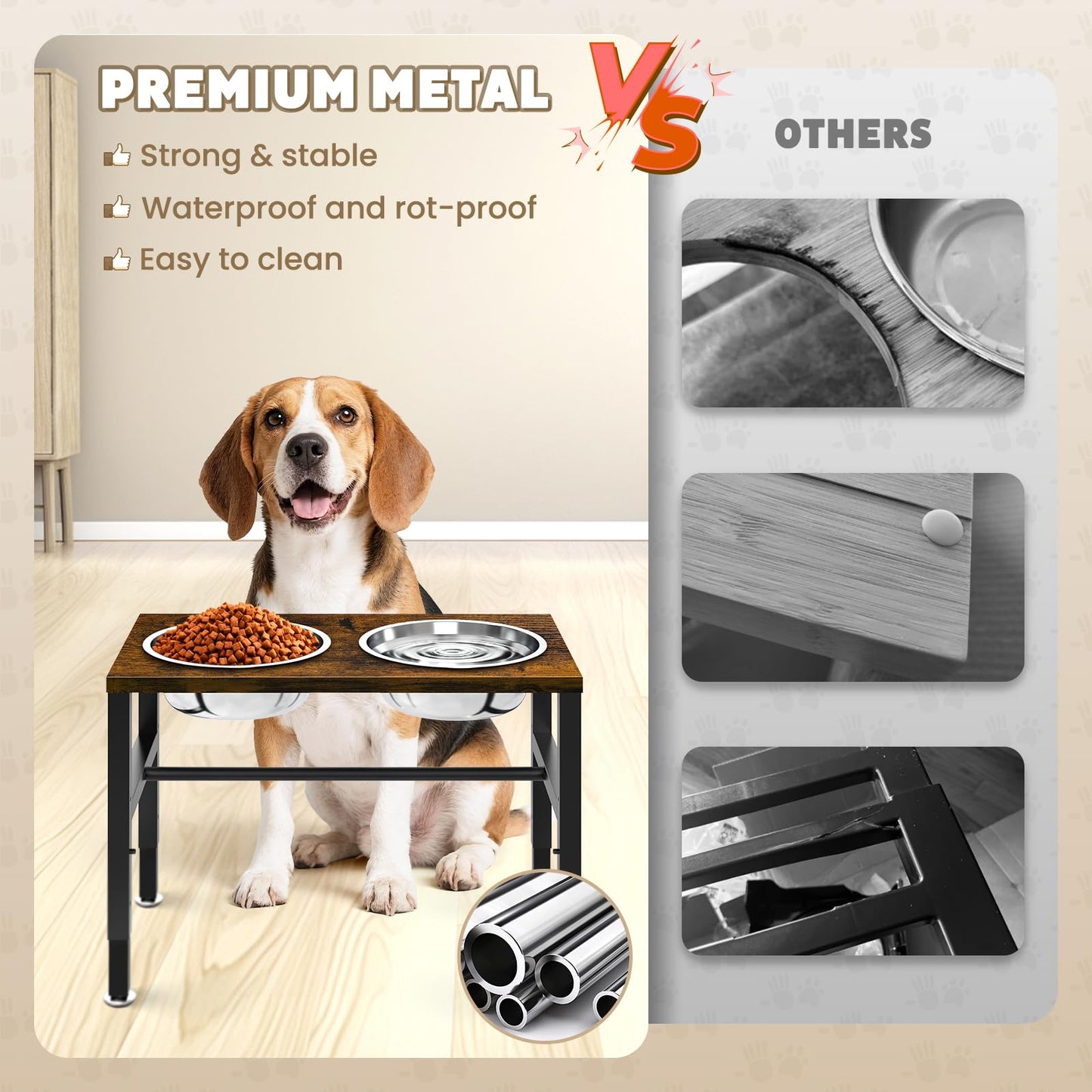 NomNest Elevated Dog Bowls, 3 Height Adjustable Raised Dog Water Food Bowl Wooden Metal Stand, 42OZ-Stainless Steel Bowls for Medium Small Dogs