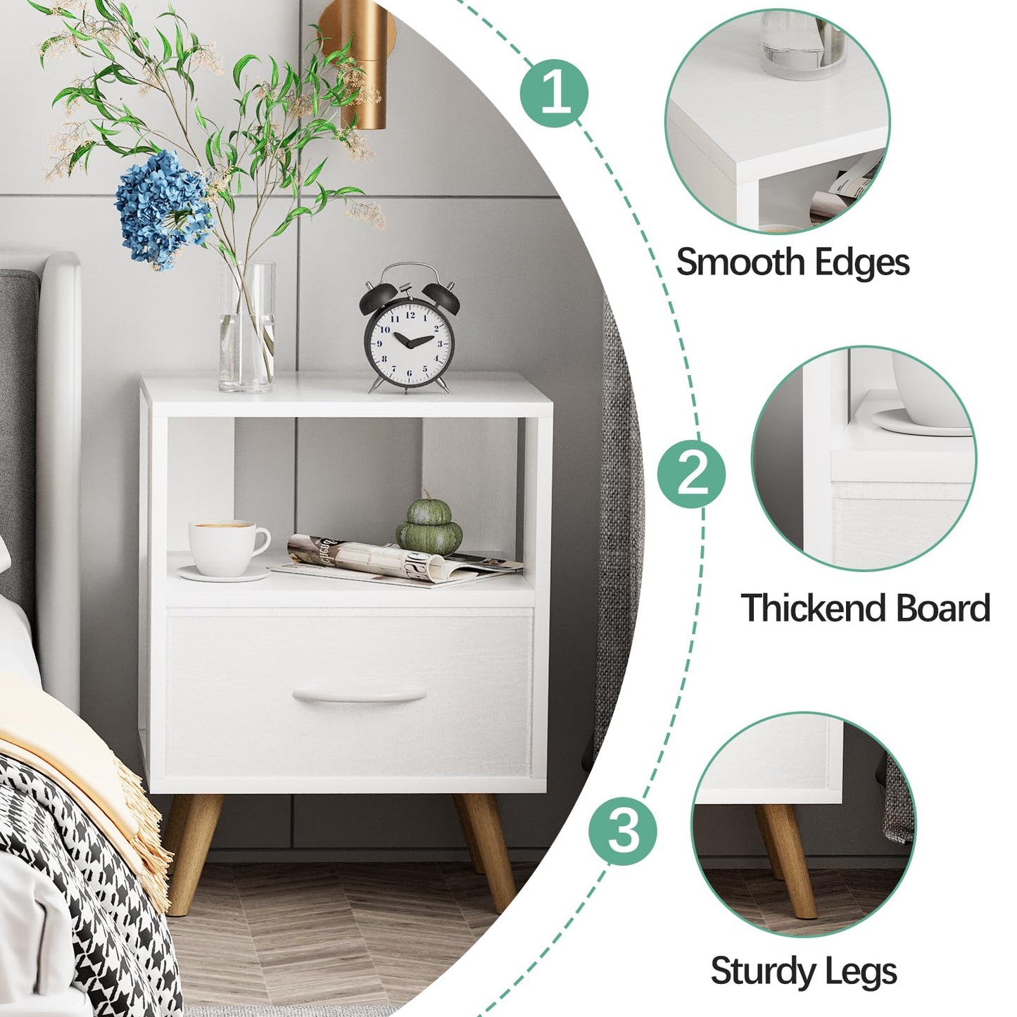 Aenuert Night Stand, White Kids Nightstand with Drawer, Nursery Side Table with Open Storage, 2-Tier Modern End Table, Bedside Table for Small Space, Living Room, Bedroom