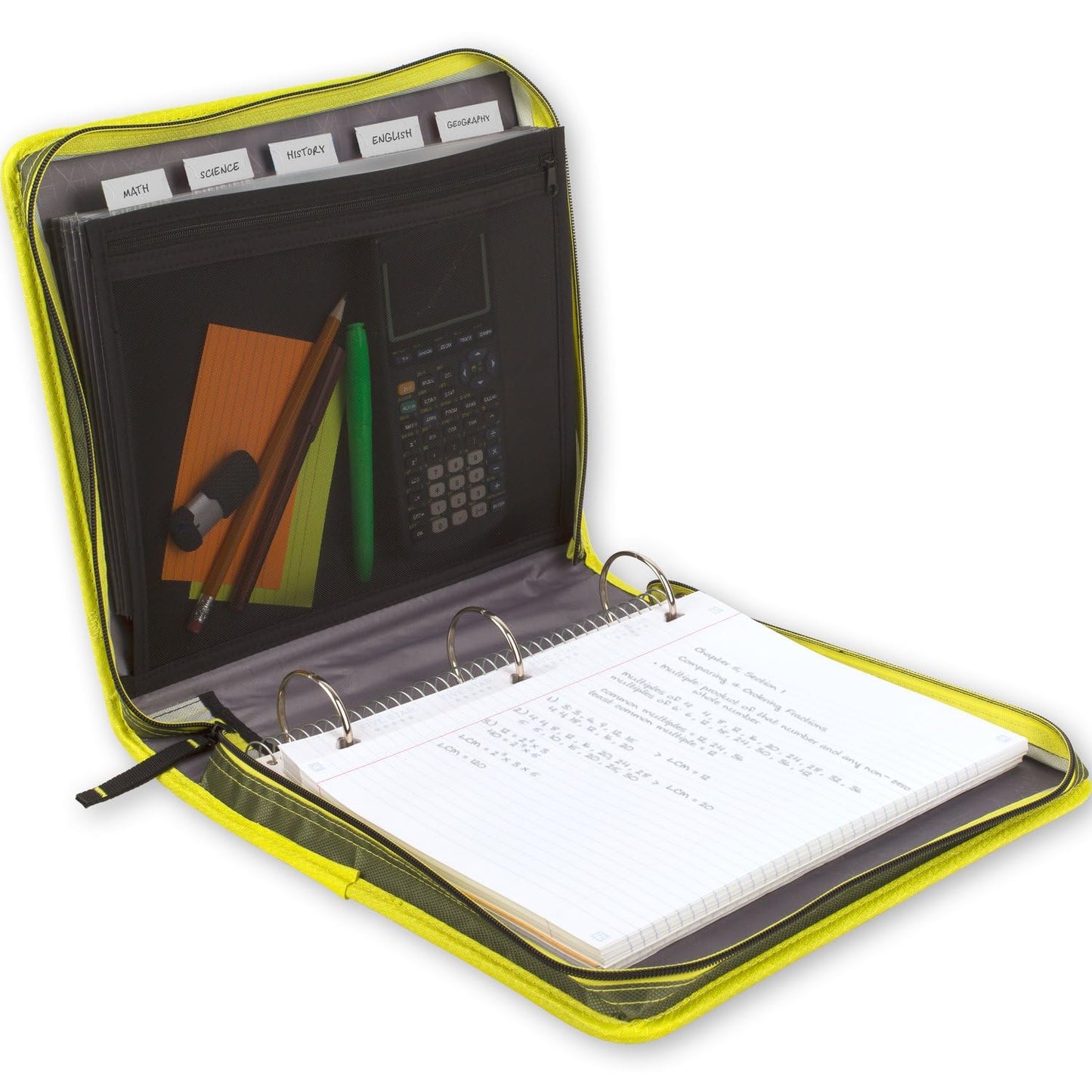 Five Star Zipper Binder, 2 Inch 3-Ring Binder with Round Rings, Expansion Panel and 5-Tab Expanding File, 580 Sheet Capacity, Olive/Citrus (290520C)