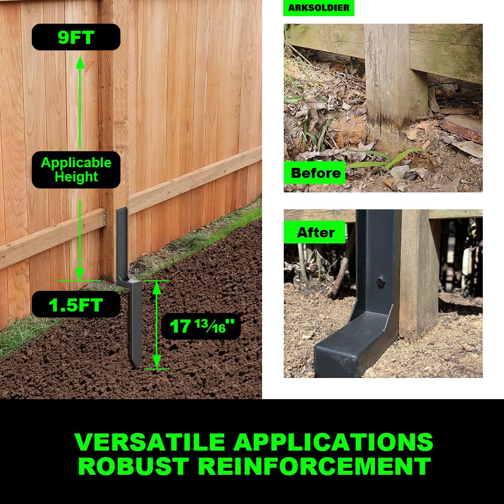 ARKSOLDIER Fence Post Repair Kit - Thickened 11-Gauge Steel Anchor & Stakes to Fix Broken/Leaning 4x4/6x6 Wood Posts Support (Heavier at 5.47 lbs, 1-Pack)