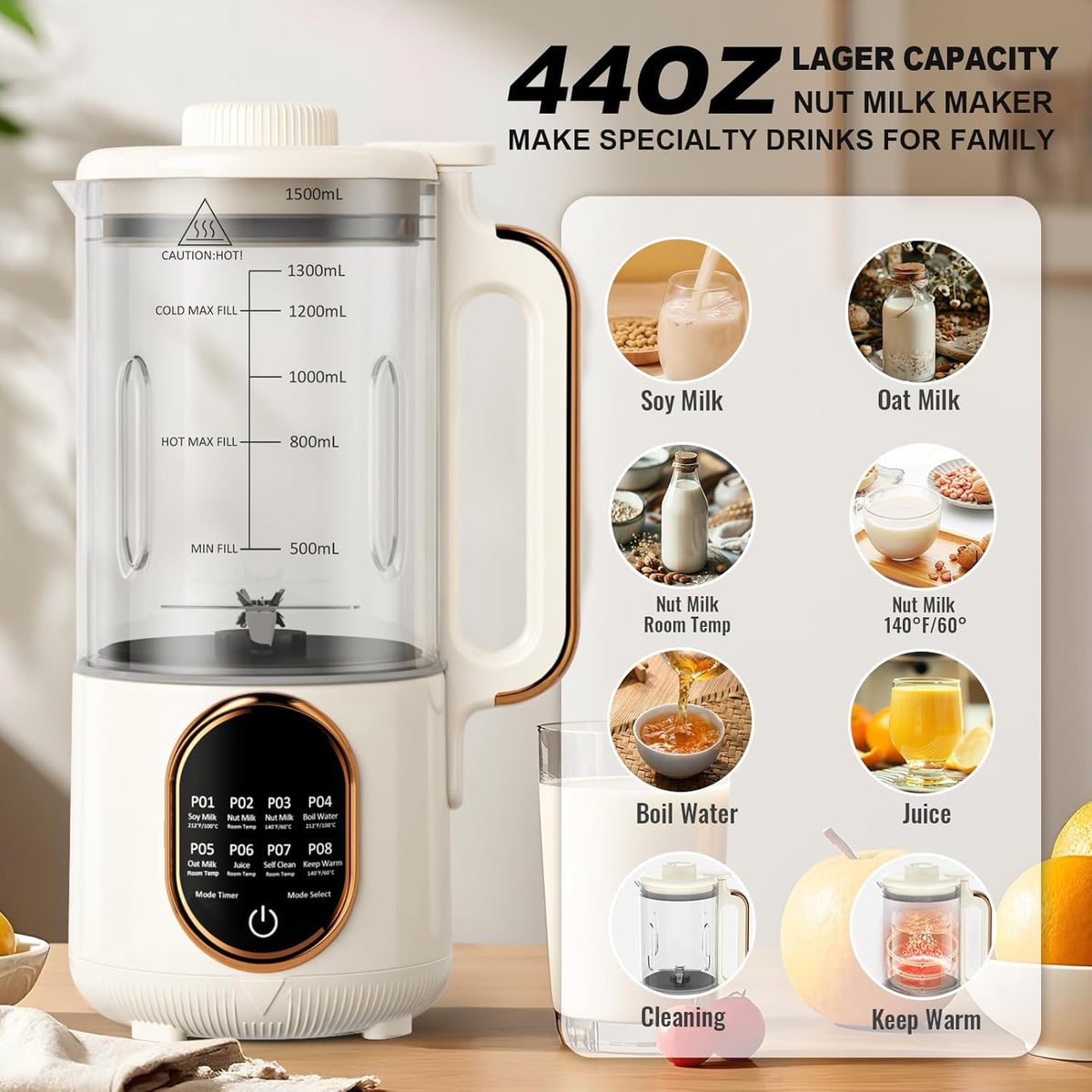 1500ml Automatic Nut Milk Maker 20 Blades for Almond Oat Soy 10 in 1 Milk Plant Based Milks Chowder Juice with Delay Start Boil Water Keep Warm Auto Clean