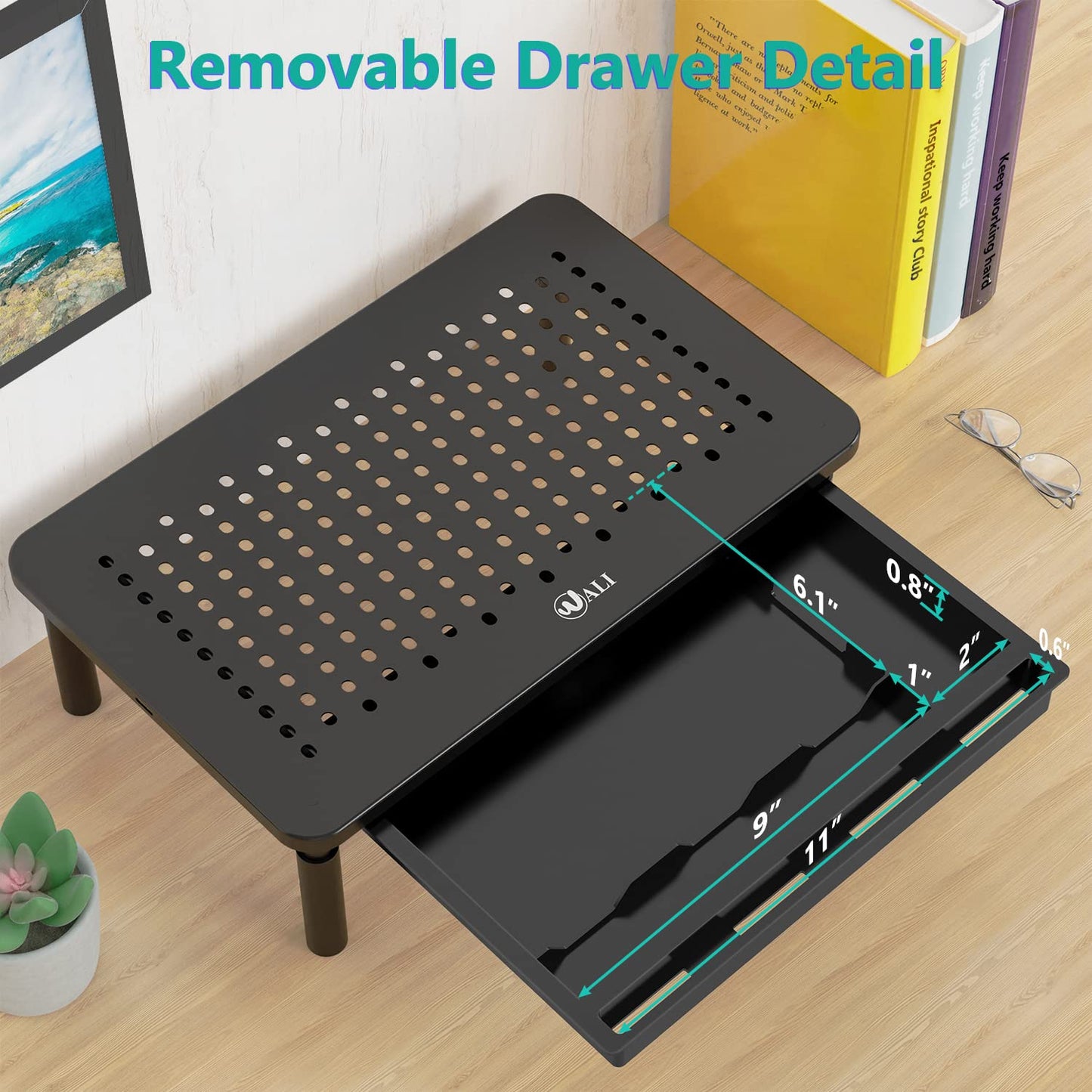 WALI Monitor Stand Riser, Adjustable Laptop Stand Riser, 3 Height Adjustable Computer Stand with Drawer, Underneath Storage for Office, Home, School Supplies (STT003D-2B), 2 Pack, Black