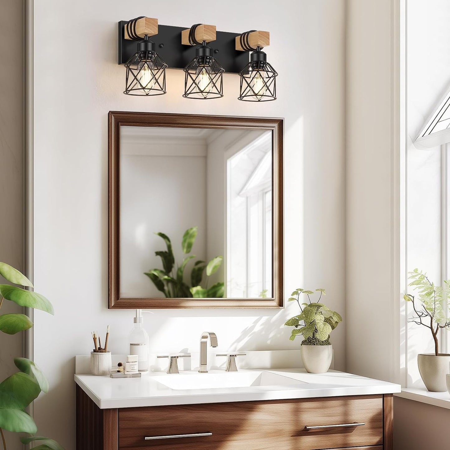 3-Light Wood Bathroom Vanity Light Fixtures Over Mirror,Wood Bathroom Vanity Lights for Bathroom, Industrial Black Vanity Light with Metal Lampshade for Bedroom Hallway Living Room