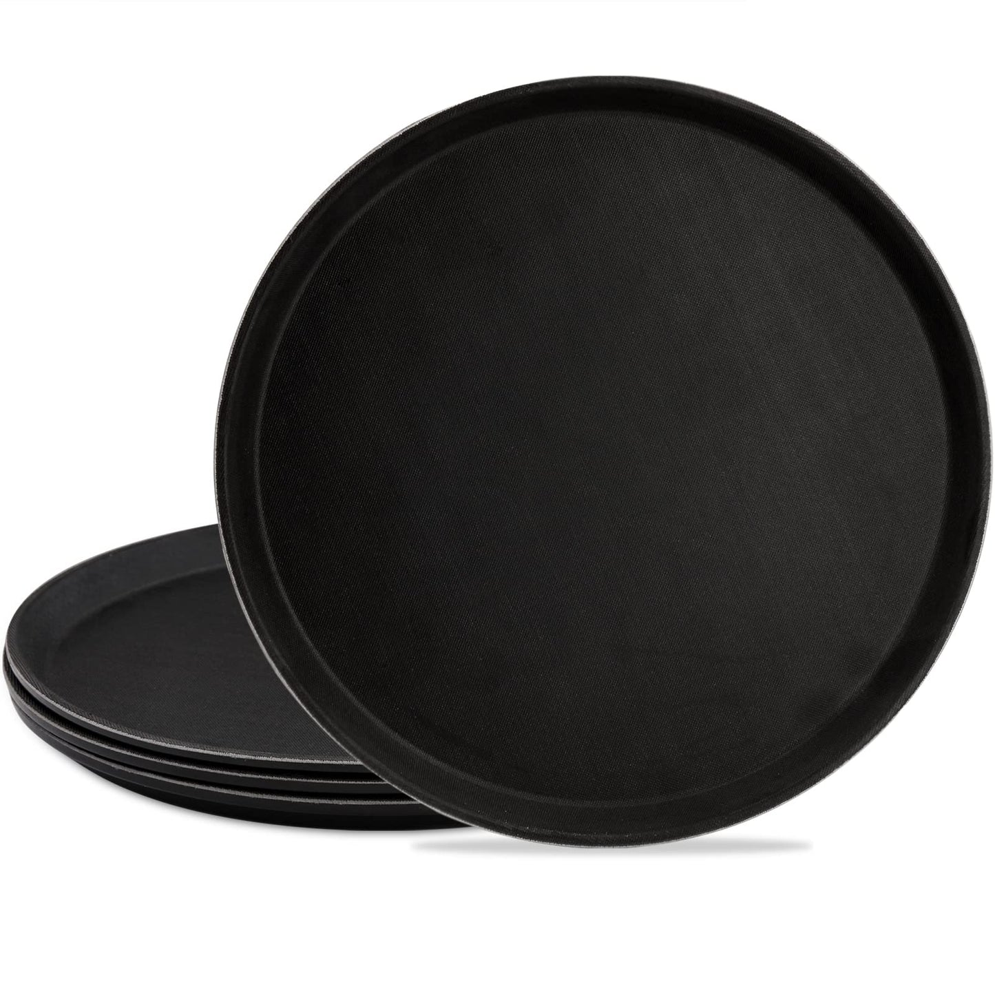 TOPZEA 4 Pack 14 Inch Round Restaurant Serving Tray, Fiberglass Non-Slip Rubber Lined Black Server Trays Commercial Grade Bar Service Tray for Restaurant, Kitchen, Cafeteria, Catering, Easy Clean