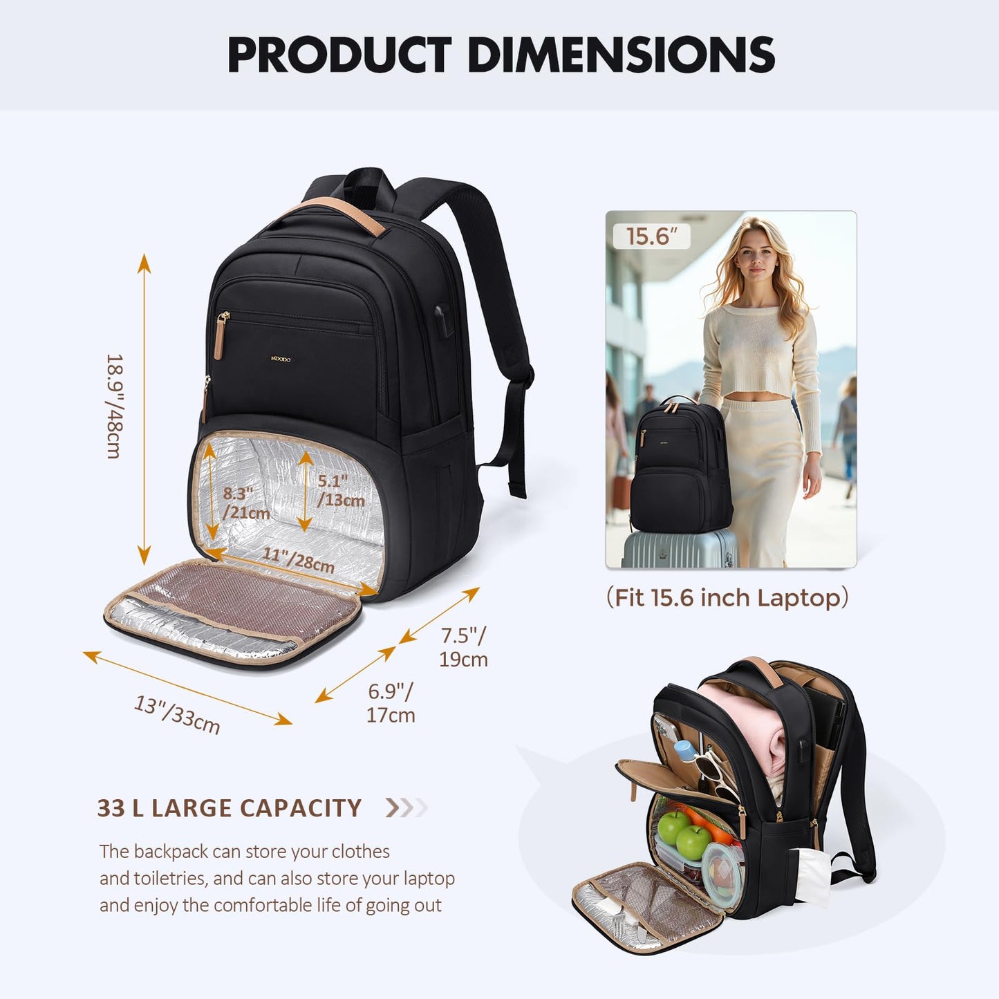 MDODO Lunch Backpack for Women Men,15.6Inch Insulated Lunch Box Backpack with USB Charging Port, Diaper Laptop Back pack for Travel Picnic Work Teacher Nurse,Black