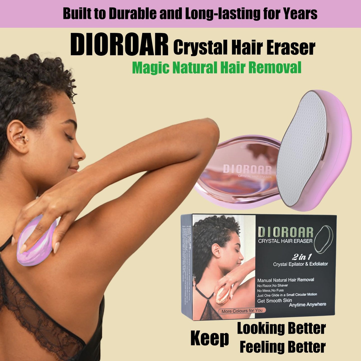 DIOROAR Crystal Hair Eraser,Upgrade Crystal Hair Remover,Physical Nano Glass Hair Removal Device,Painless Epilator and Exfoliator without Shaver for Quick Soft Silky Skin(Light Pink)