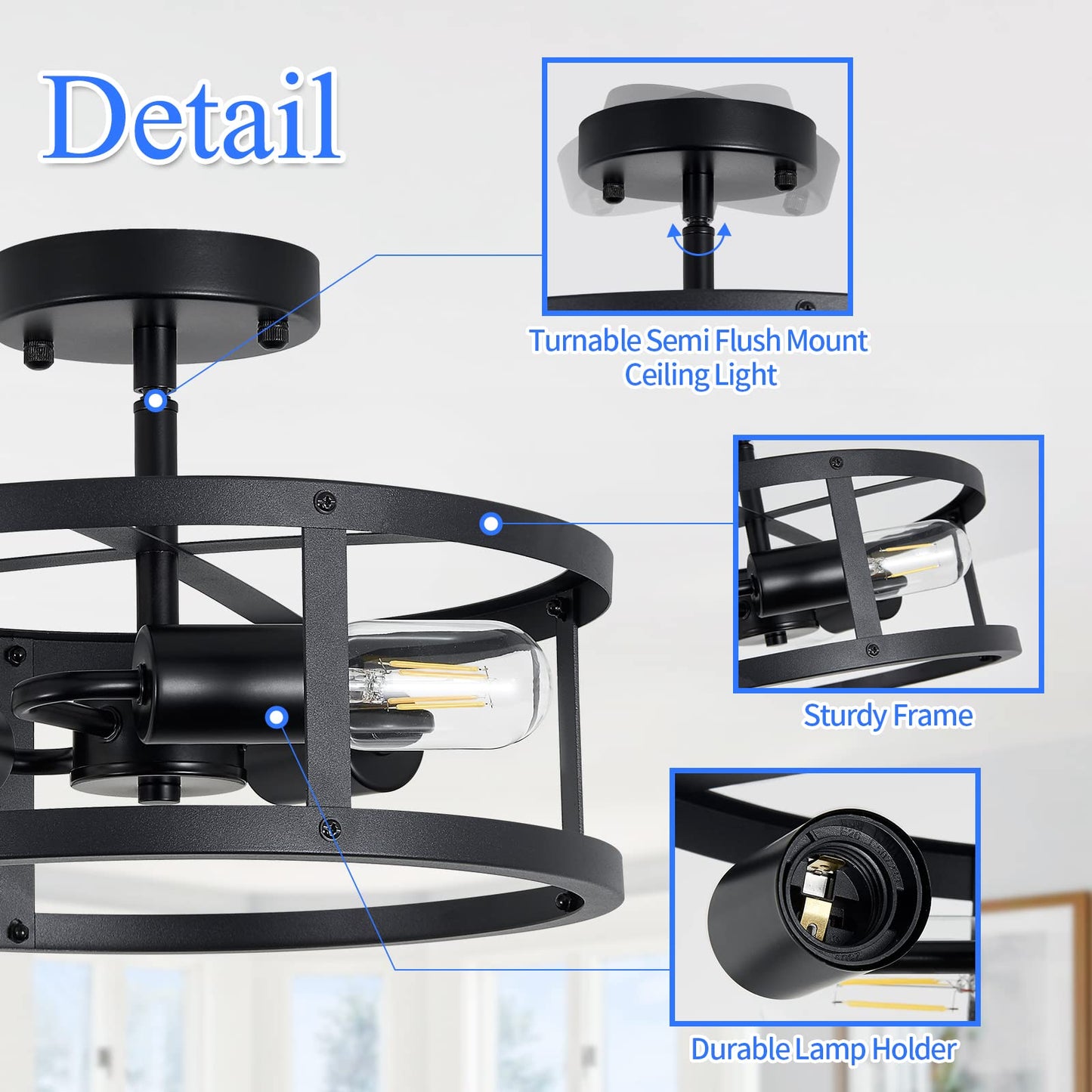 SKEJAO Semi Ceiling Light Fixture,3-Light Black Flush Mount Ceiling Light,13 Inch Hallway Light fixtures Ceiling,Light Fixtures Ceiling Mount for Farmhouse,Kitchen (2, 13.1 inch)