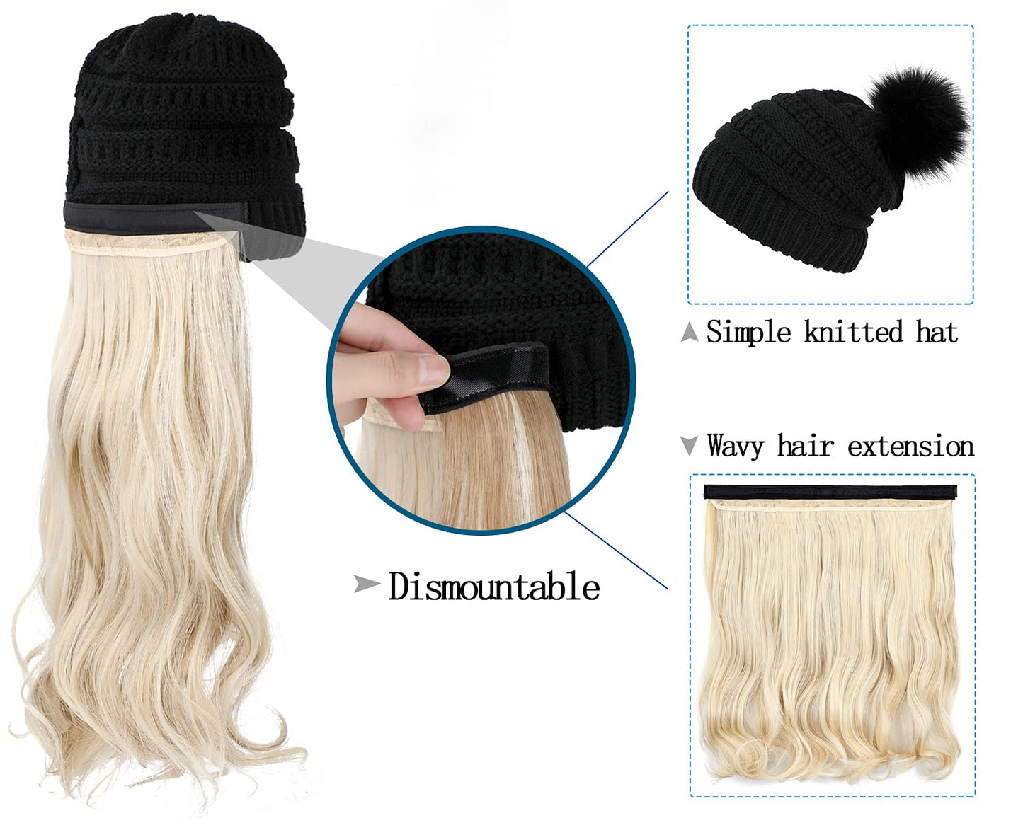 Qlenkay Beanie Hat Knit with Long Wavy Curly Hair Extensions Wig Dismountable Warm Knitted Pom Cap Attached 20inch Synthetic Hairpiece for Women Winter Ash Blonde Mix Bleach Blonde