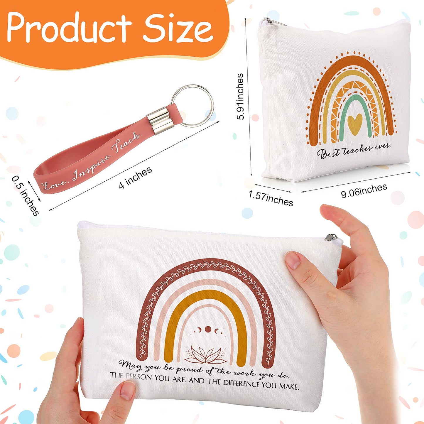 Fumete 20 Pcs Teacher Gift Inspirational Rainbow Makeup Bag Rainbow Silicone Keychains Bulk Zipper Canvas Teacher Pencil Pouch for Employee Appreciation Thank You Gifts Thanksgiving Christmas