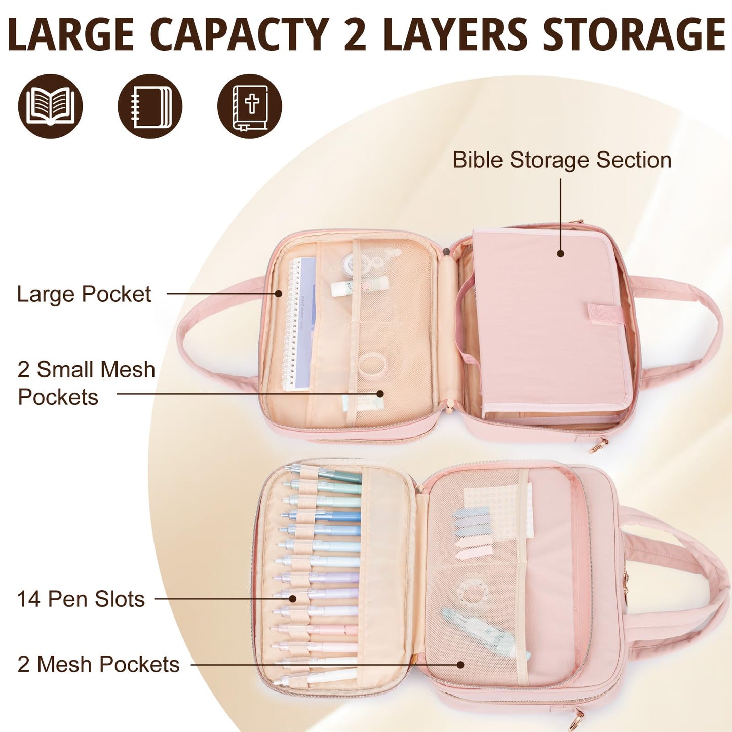 Large Bible Cover for Women,2 Compartments Bible Carrying Case With Handles Shoulder Strap, Soft Puffy Quilted Bible Bags With Book Cover Organizer, Scripture Tote For Church Study Supplies
