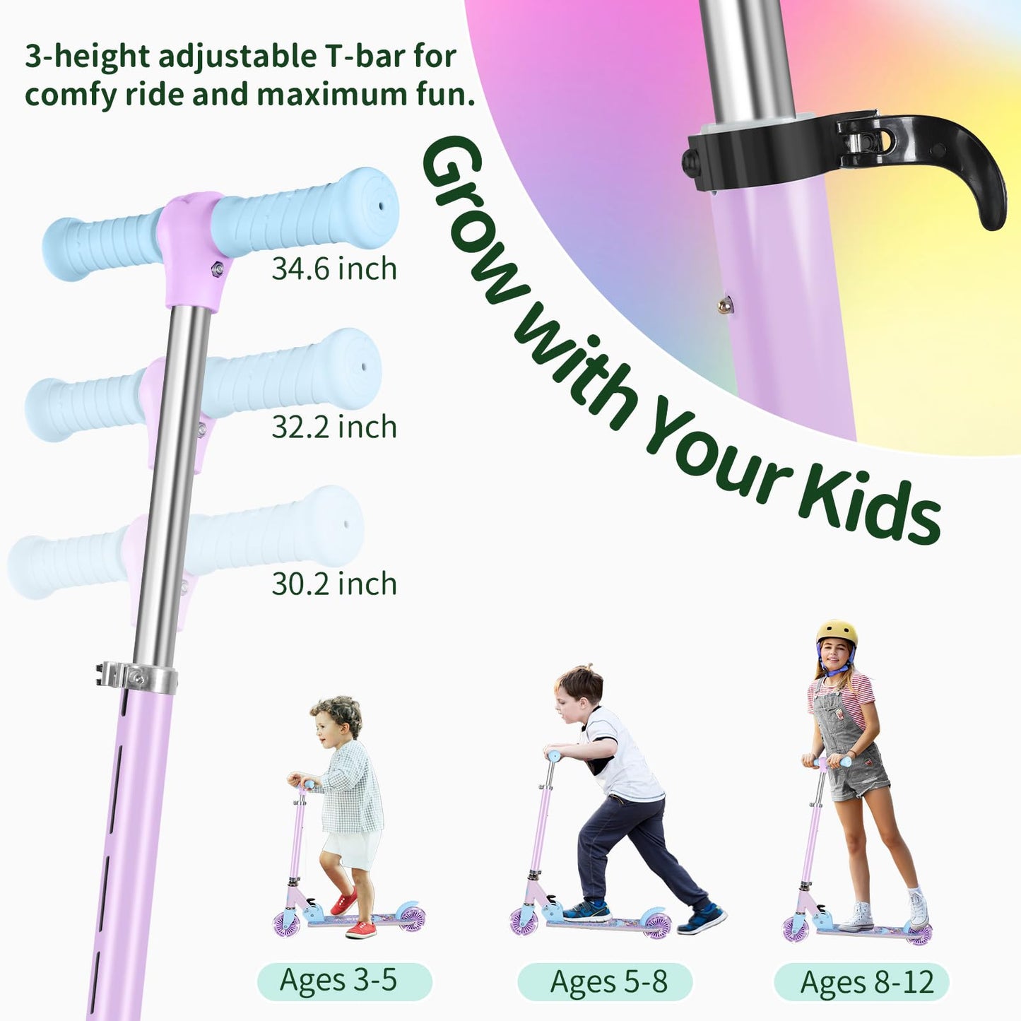 BELEEV V2 Scooters for Kids with Light-Up Wheels & Stem & Deck, 2 Wheel Folding Scooter for Girls Boys, 3 Adjustable Height, Non-Slip Deck, Lightweight Kick Scooter for Children Ages 3-12 (Purple)