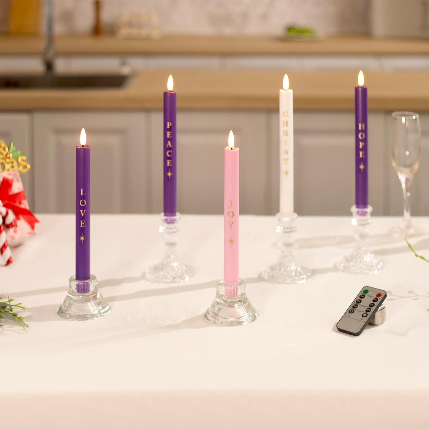 Stmarry Flameless Advent Candles Battery Operated, Advent Candles Set of 5, 10 Inch Tall, Realistic 3D Flames and Remote Control, Electric LED Candle Set for Advent Wreath