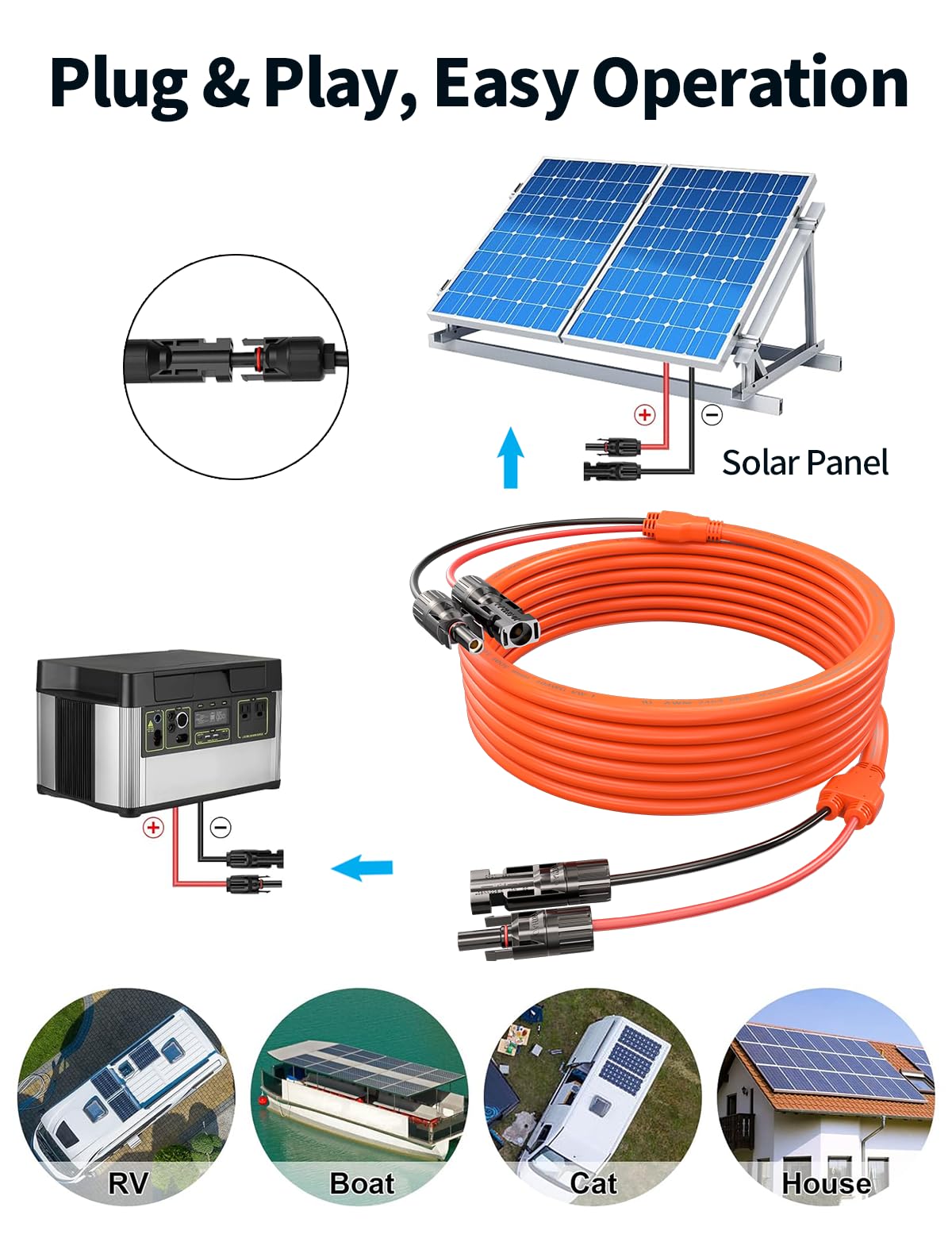 Tonton 20FT 10AWG Solar Panel Extension Cable, 6mm² Flat Solar Cable with Male and Female Solar Connector Adapters, IP67 Weatherproof, for RVs, Roofs, Boats, Auto Vehicles, and Solar Power Systems
