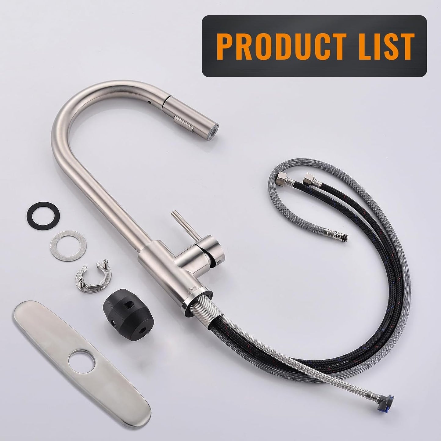 APPASO Modern Kitchen Faucet with Pull Down Multi-Flow Sprayer Brushed Nickel, Single-Handle High Arc Swan-Neck Kitchen Sink Faucet with Optional Deck Plate, Stainless Steel, AP-APS209-BN