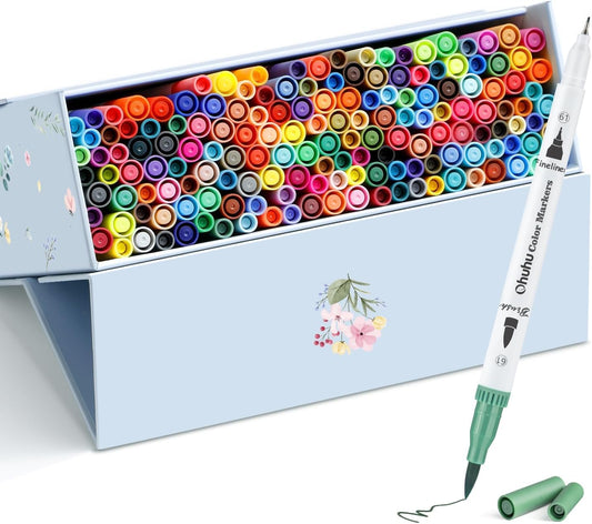 Ohuhu 160 Colors Brush Marker Set, Grand Dual Tips Art Brush Fineliner Color Marker Pens, Water Based Coloring Markers for Calligraphy Drawing Sketching Coloring Bullet Journal for Adult Coloring