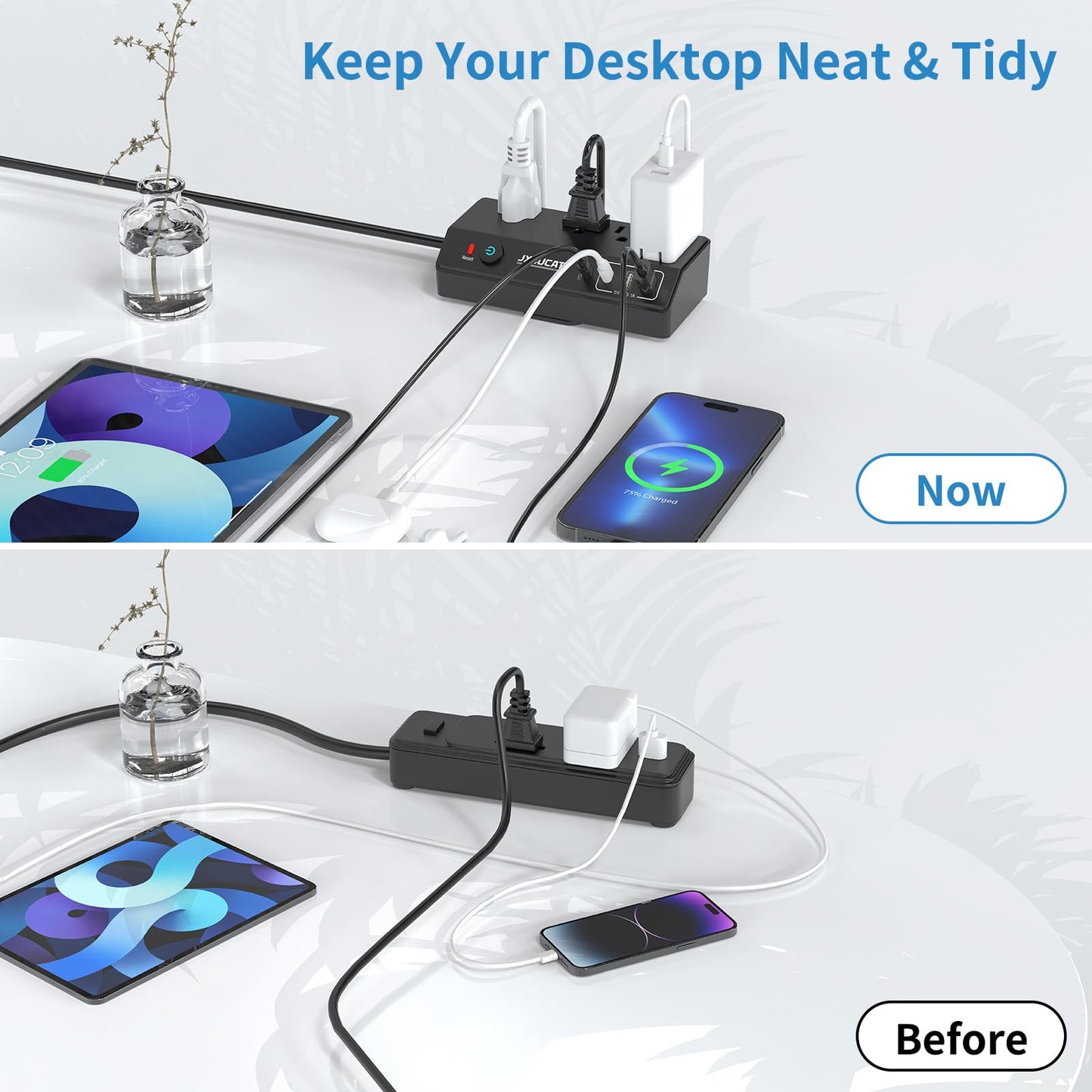 Desk Clamp Power Bar 10Ft with PD 20W USB C, JXGUCAT Black Removable Fast Charging Power Bars with Surge Protector, Extension Cord Power Bar with 4 Outlets 4 USB Ports, Fit 1.8" Tabletop Edge