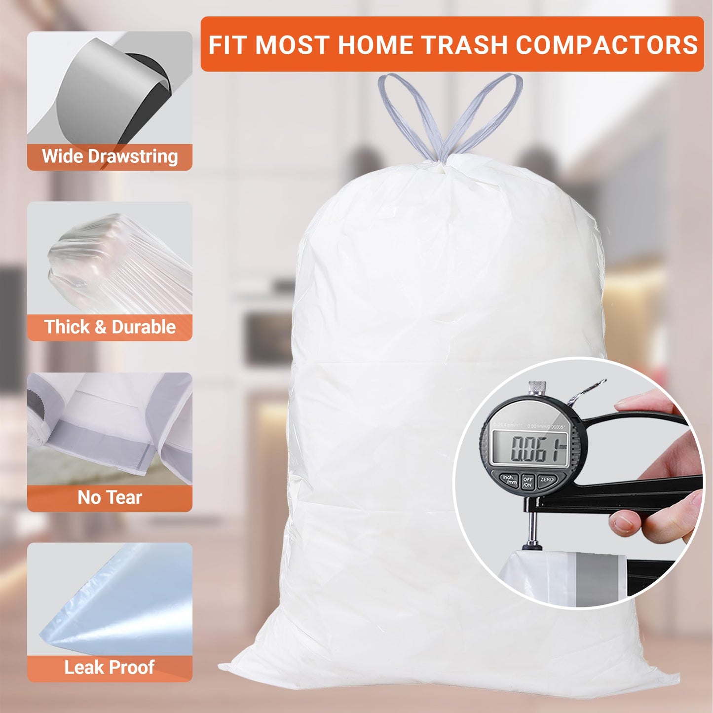 18 Gallon Drawstring Compactor Kitchen Trash Bags 50 Count 1.2 Mil Heavy Duty Garbage Bags Fit for 18 Gallon & Most Kitchen Compactors Compatible with Kitchenaid, Whirpool, GE 15 Inch Compactors