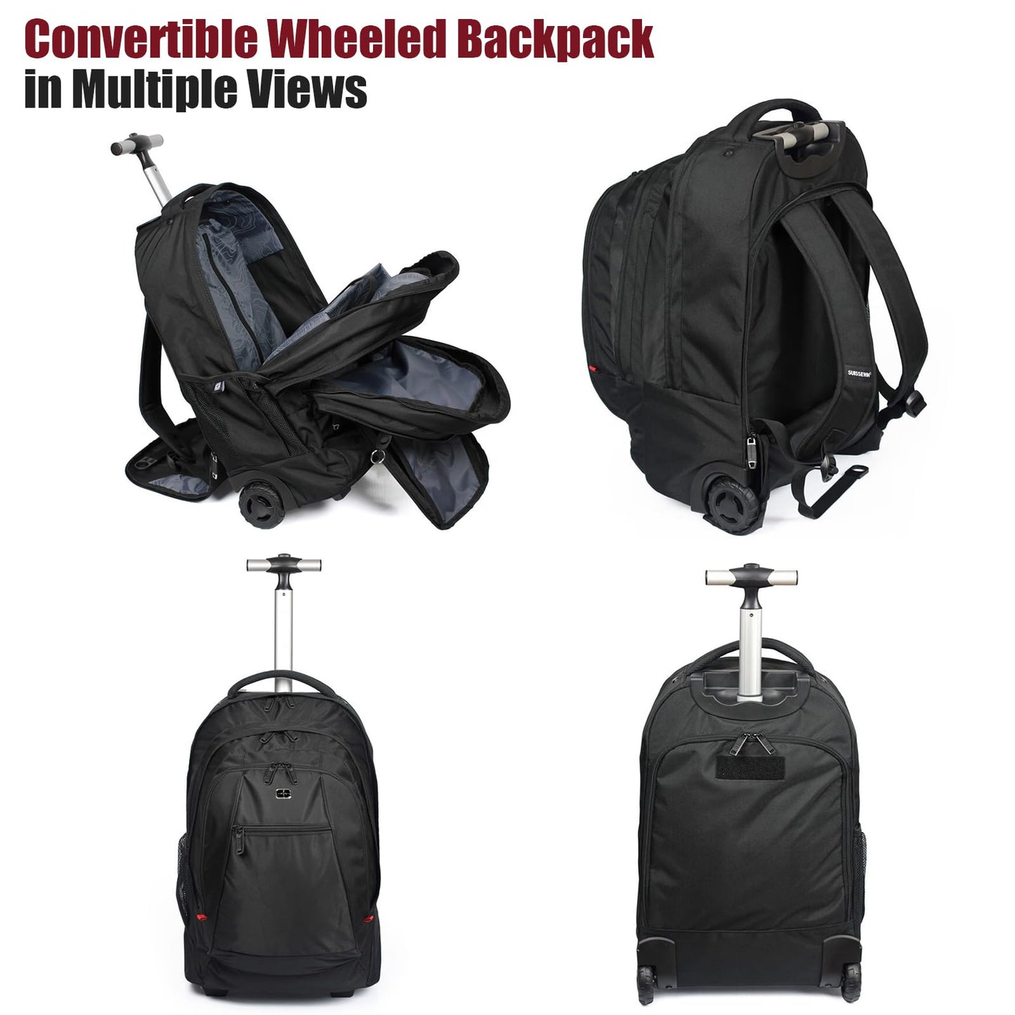 21x14x8" Rolling Backpack for Adults - Travel Backpack With Wheels, Durable Wheeled Carry-On With 17" Laptop Sleeve