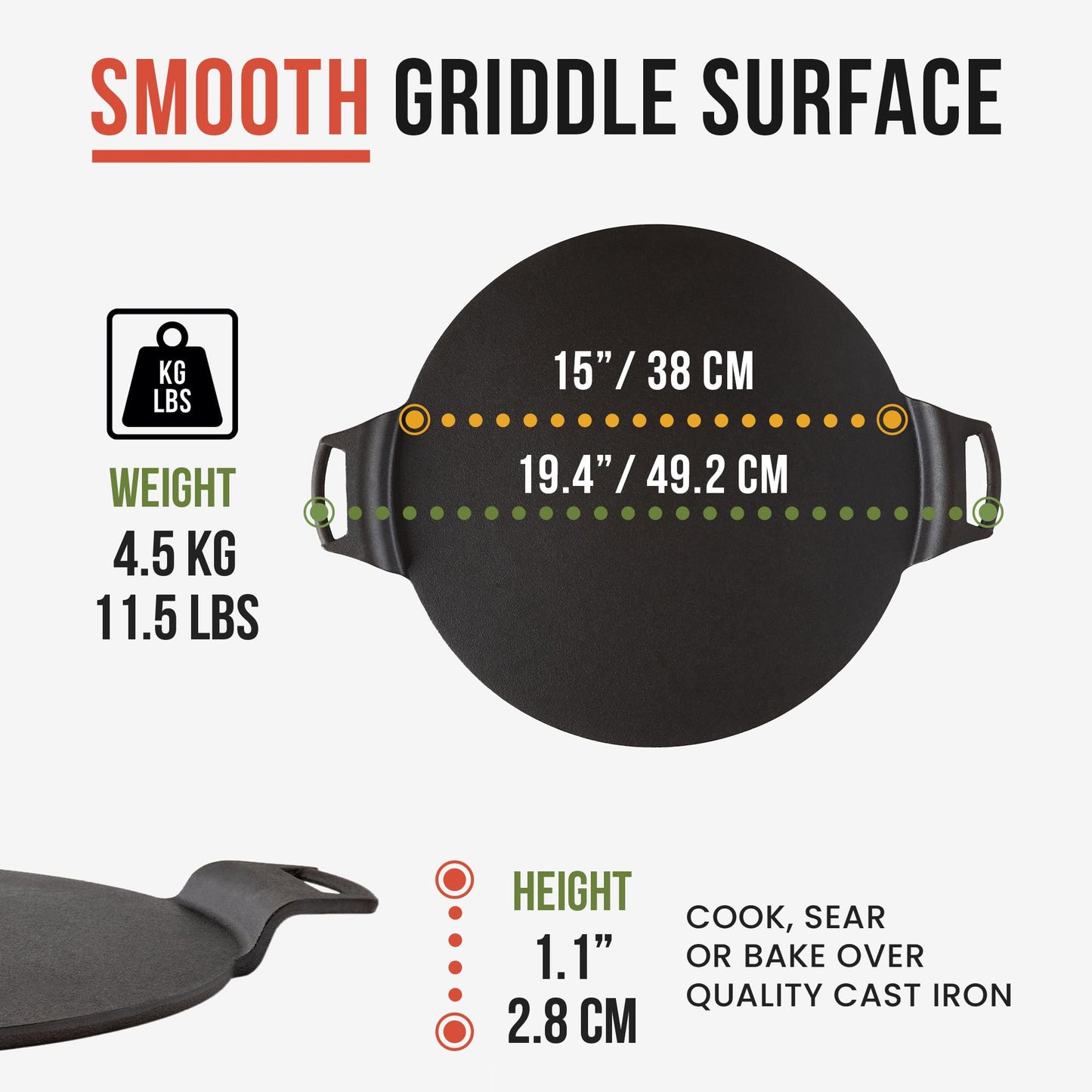 Chef Pomodoro Cast Iron Pizza Pan, Inch Pre-Seasoned Skillet, with Handles, Baking Pan, Round Griddle for Dosa Tawa Roti, Comal for Tortillas, Baking Stove, Oven, Grill BBQ and Campfire (15-inch)