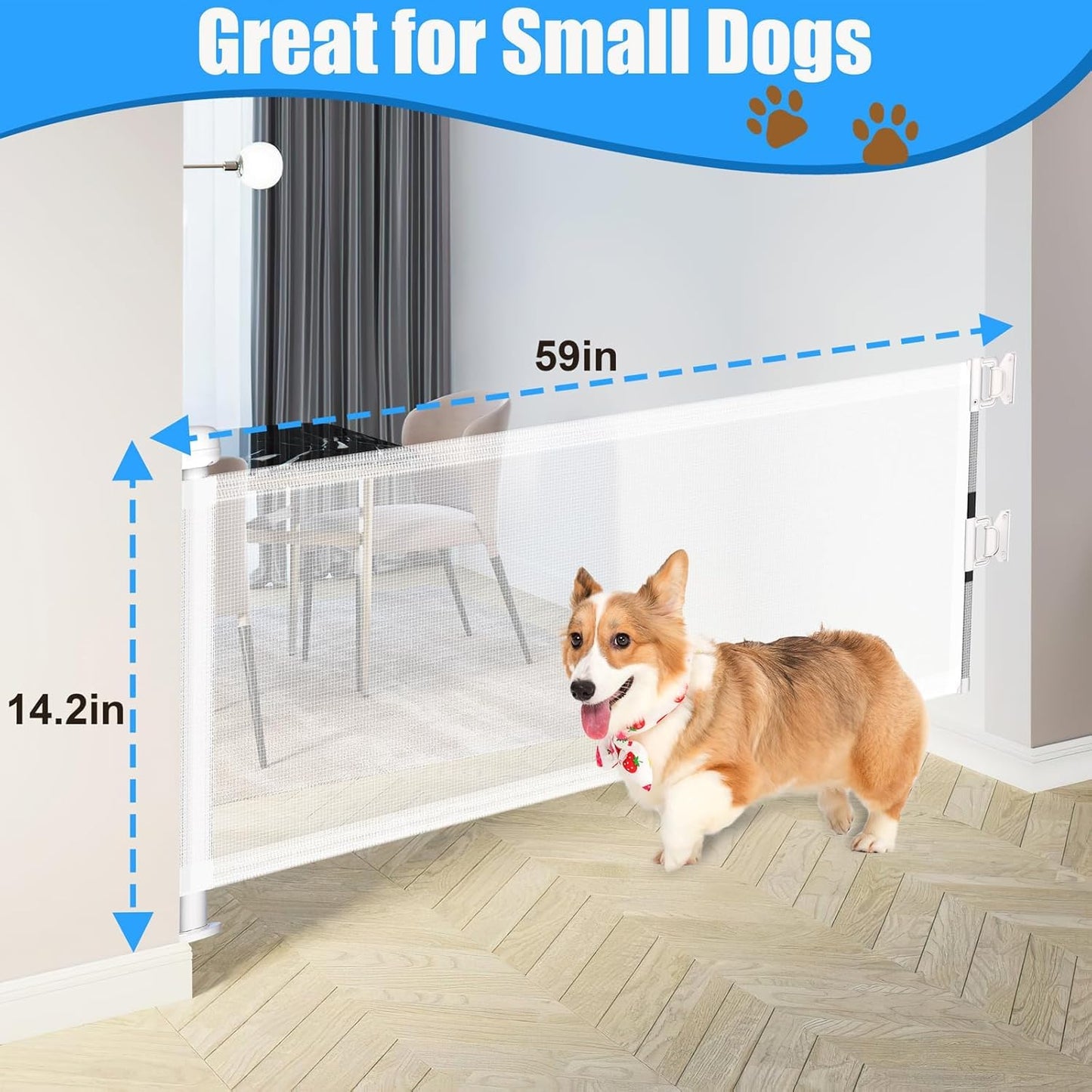 14" H Short Dog Gate - 59" Wide Retractable Mesh Pet Fence, Puppy Gate for Doorways & Stairs