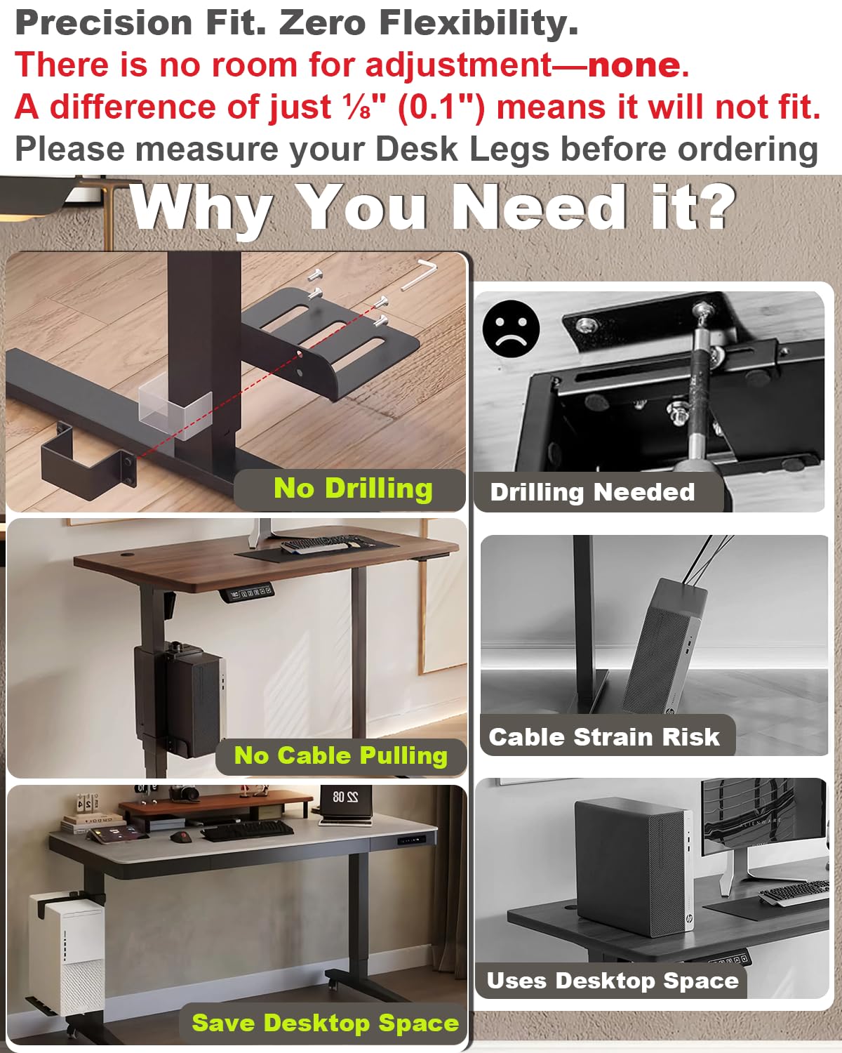 Under Desk PC Mount - No Drilling 40 lb Capacity, Computer Holder Under Table, Adjustable Height and Width, Clamp-on Leg PC Mount for Standing Desks (Fits 65mm×45mm Legs), with Non-Slip Pads, White