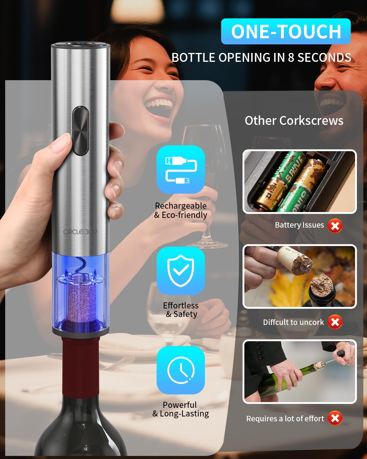 CIRCLE JOY Electric Wine Opener 7-in-1 Stainless Steel Rechargeable Electric Wine Bottle Opener Gift Set with Vacuum Pump, Foil Cutter, Wine Pourer, 2 Vacuum Stoppers & Charging Station