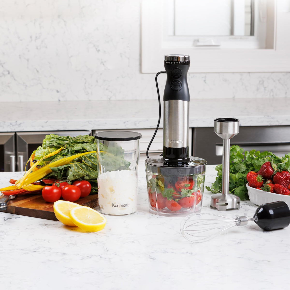 Kenmore Immersion Hand Blender Mixer Variable Speed Handheld Blending Stick Smoothie Food Chopper Whisk 700mL Beaker Lid Baby Food Red Sauces Puree Soup Quad Blade Kitchen Black Silver