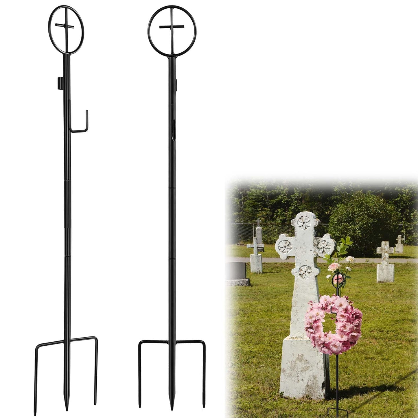 36" Black Metal Wreath Stake with Cross 3 Pronged Wreath Stake Heavy Duty Decoration Stand in Ground Cemetery Grave Wreath Holder for Cemetery, Graveside, Memorial Garden, Weddings (2 Pack)