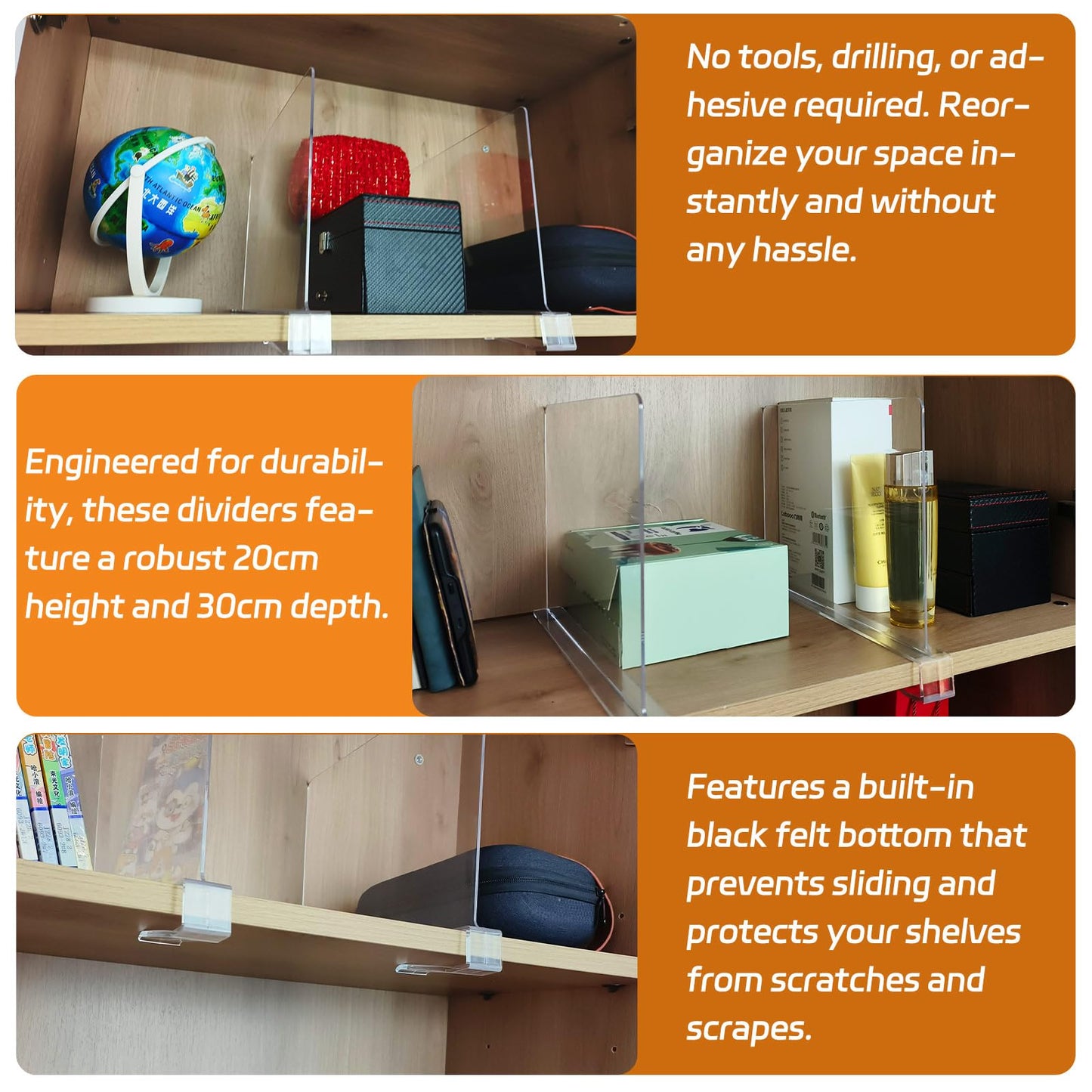 AeKeatDa 8 Pack Acrylic Shelf Dividers for Closets,Books,Clear Shelf Separators Multifunctional Shelf Divider for Kitchen Cabinets, Home,Bookcases and Others
