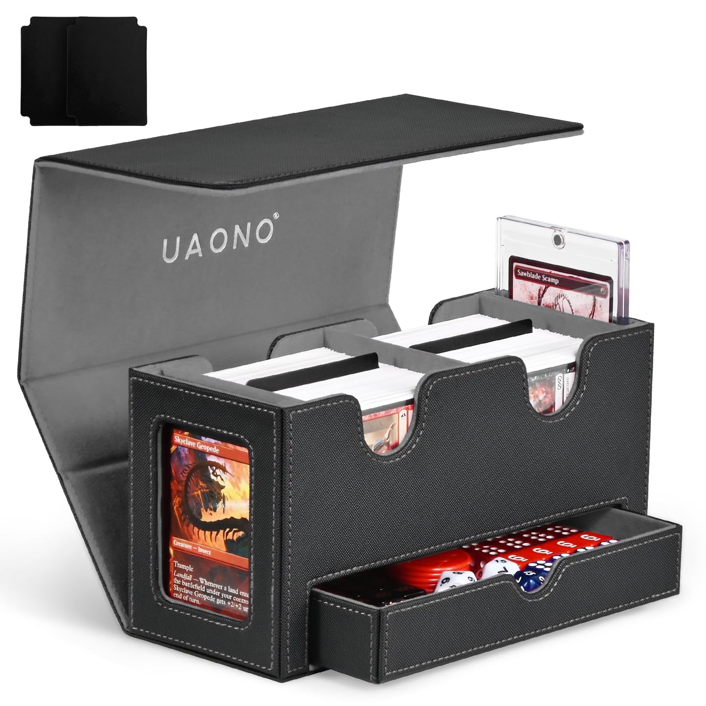 Card Deck Box for MTG, Double Card Storage Box with 2 Commander Display & Dice Tray, Fits 200+ Double Sleeved Cards, Card Organizer for CCG TCG Sports Cards (Black&Gray)